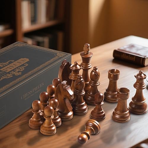 Miniatura 9 de Piezas de ajedrez de madera solo pesadas para torneos con 2 Queens-King de altura de 3.8 pulgadas, reemplazo de piezas faltantes, embalaje exquisito