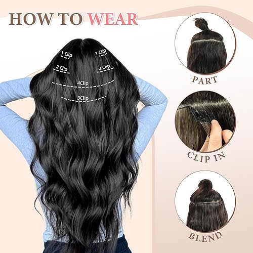 Miniatura 57 de Synthetic Clip in Hair Extensions, 6PCS Natural &Soft Hair& Blends Well Lonng Wavy Hairpieces(20inch,6pcs, Black with Brown Highlights)