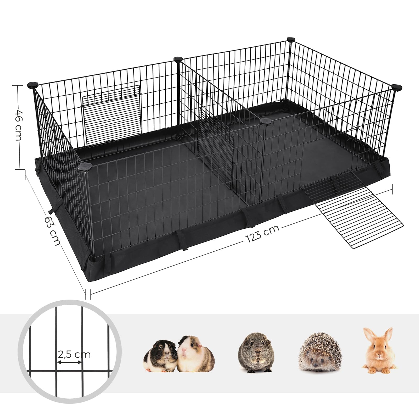 SONGMICS wybieg dla świnek morskich, wybrukowany obszar ze ścianką działową, 2 oddzielne obszary, z dnem z tkaniny, 3 drzwi, 123 x 63 x 46 cm, czarny LPI07H