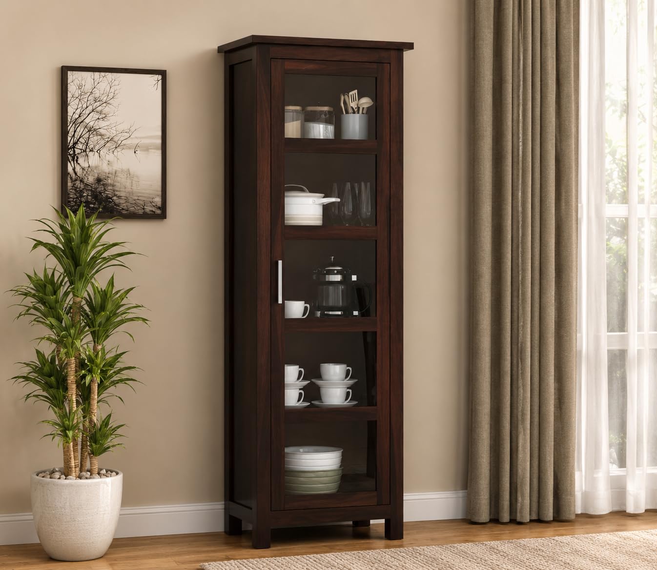 Solid Sheesham Wood Crockery Cabinet with 1 Acrylic Glass Doors | Wooden Kitchen Cabinet & Bookshelf Storage Unit | 5 Shelves Organizer for Living Room, Bedroom & Office | Walnut Finish-image-8