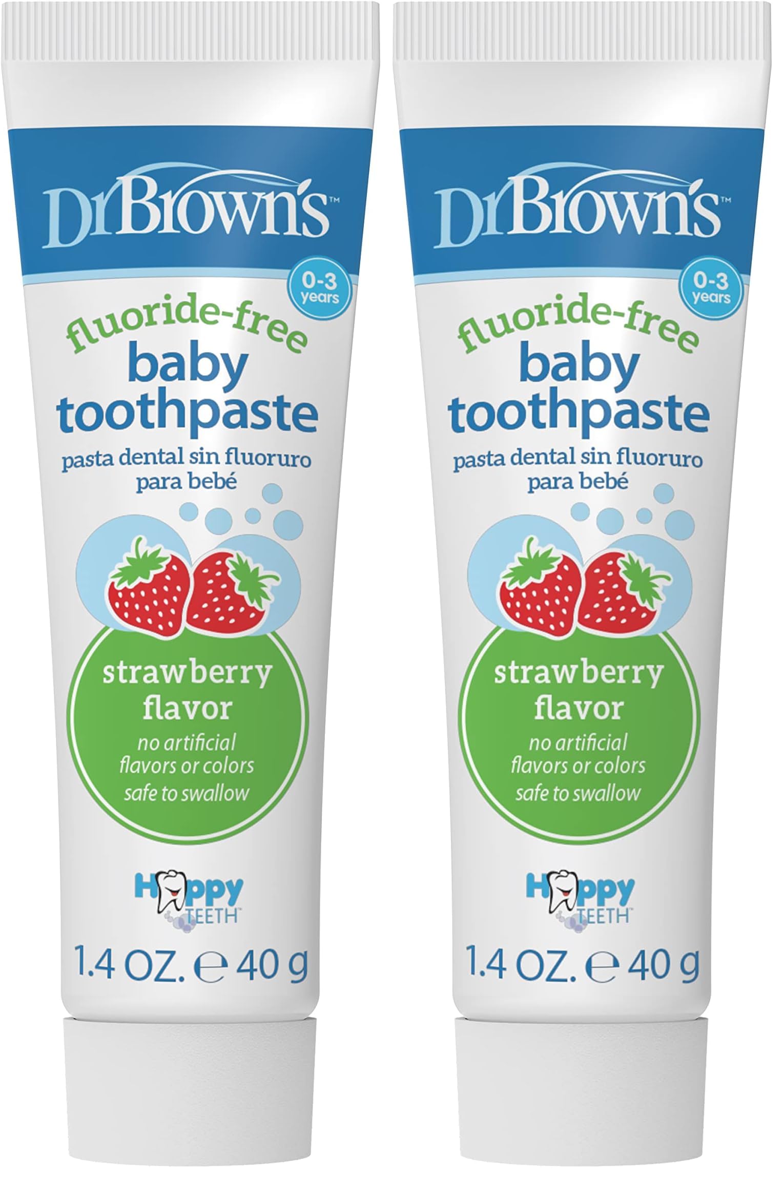 Dr. Brown's Fluoride-Free Baby Toothpaste, Infant and Toddler Oral Care, 1.4oz/40g, 0-3 Years, Strawberry, 2-Pack