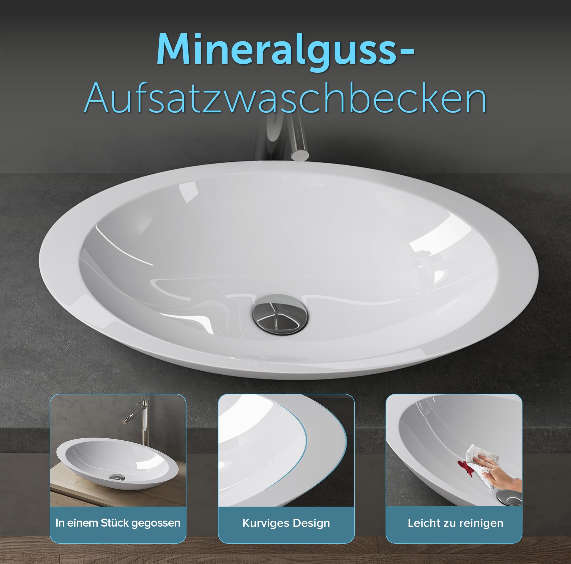 doporro Aufsatzwaschbecken Waschbecken ca. 60cm Weiß Hochglanz Mineralguss