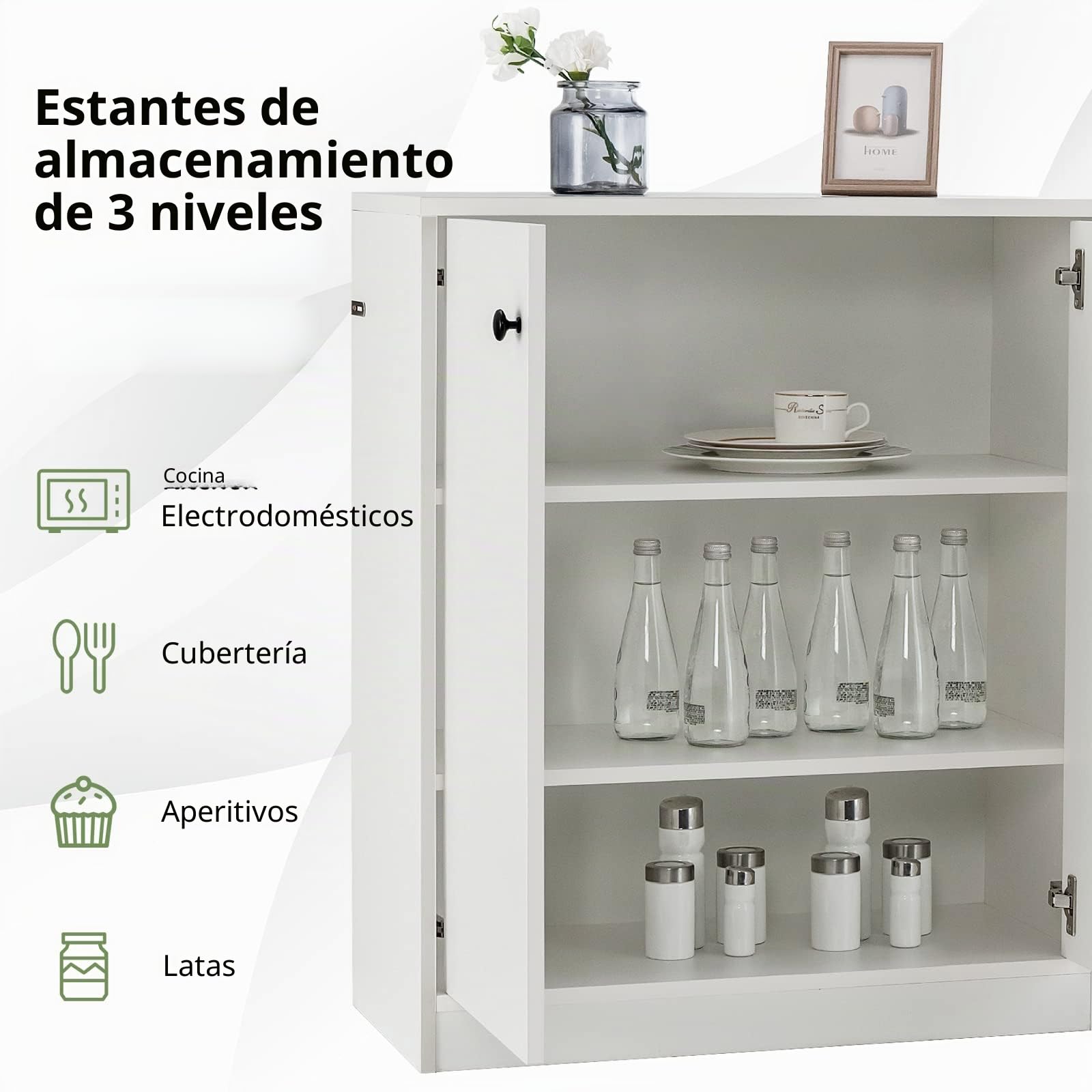 KOMFOTTEU Aparador de Cocina con 2 Puertas, Armario Bajo con 3 Estantes, Mueble Buffet con Dispositivos Antivuelco, Mueble de Almacenamiento para Sala de Estar, Comedor, 72 x 34 x 86 cm (Blanco)