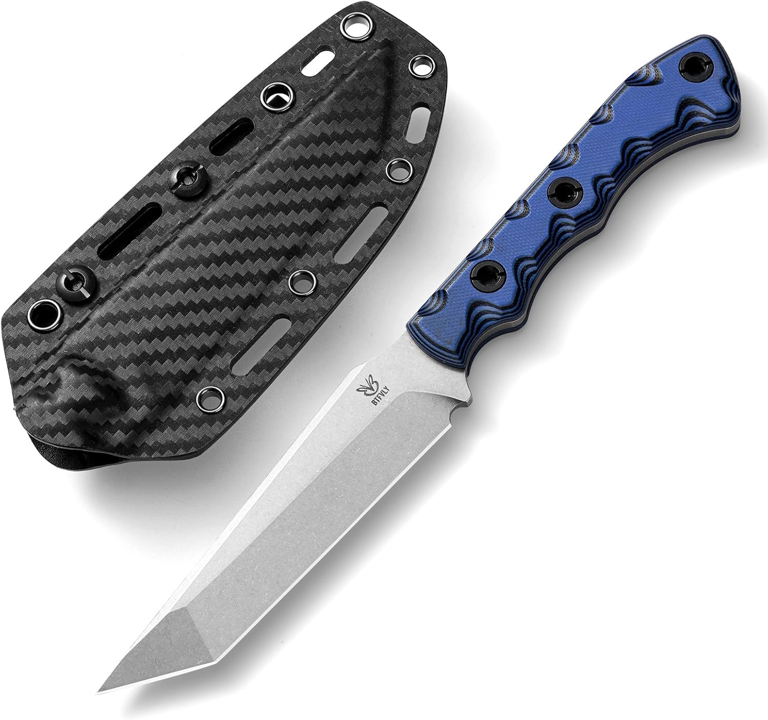 Fixed Blade Tactical Knife, 14C28N Steel Blade, G10 Handle, Carbon Fiber Sheath, 4.1" Blade, 8.9" Overall, EDC Outdoor Survival Knife (Available in Black & Blue) (Blue)