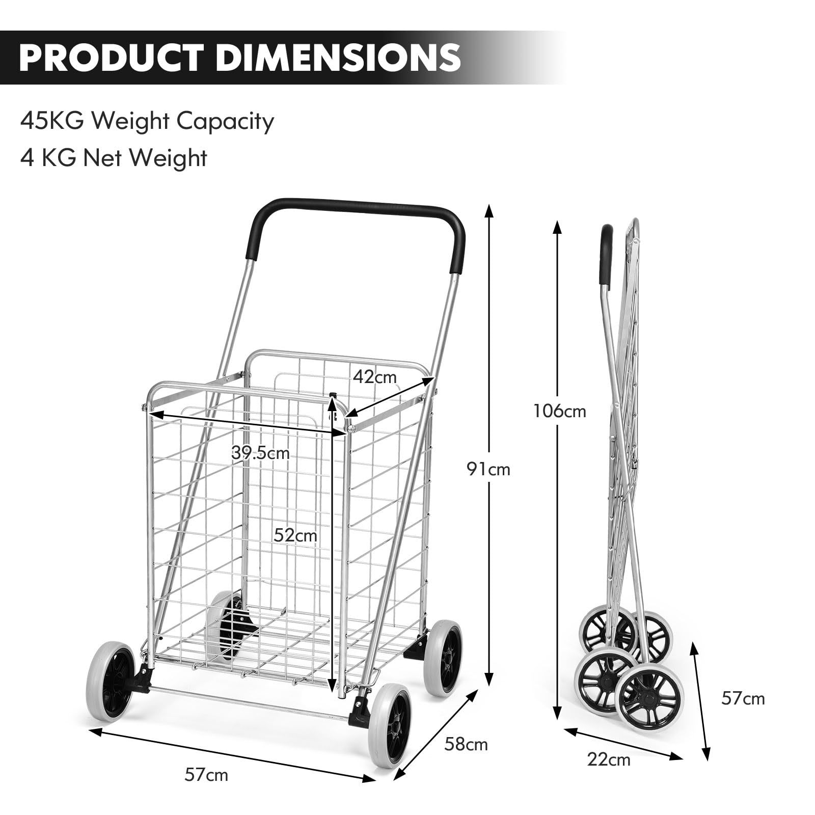 SOARS Carrello per la spesa pieghevole 83L, con ruote grandi e maniglia, telaio in metallo, carico 45 kg, carrello della spesa per supermercato, biancheria, bagagli, 57 x 58,5 x 91,5 cm (argento)