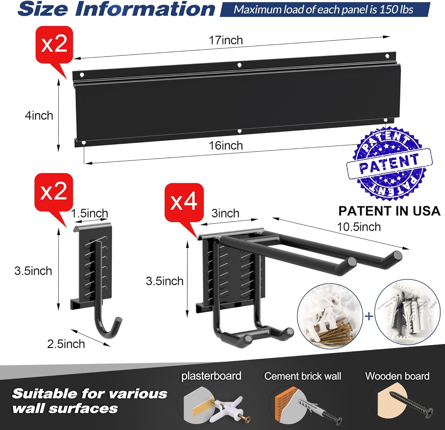 Sttoraboks Garage Tool Storage Rack, Heavy Duty Garage Storage Organizer Rack System Wall Mounted Tool with 6 double hooks, 2 rails
