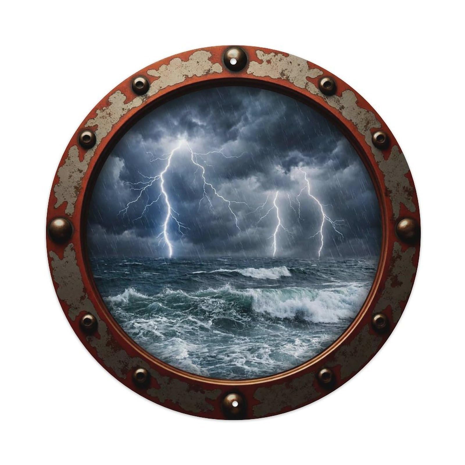 Vintage Porthole Thunderstorm Lightning View Vintage Metal Tin Sign Plaque Wall Decor for Cafe, Club Bar, Office, Garden Metal Poster 8x8Inch