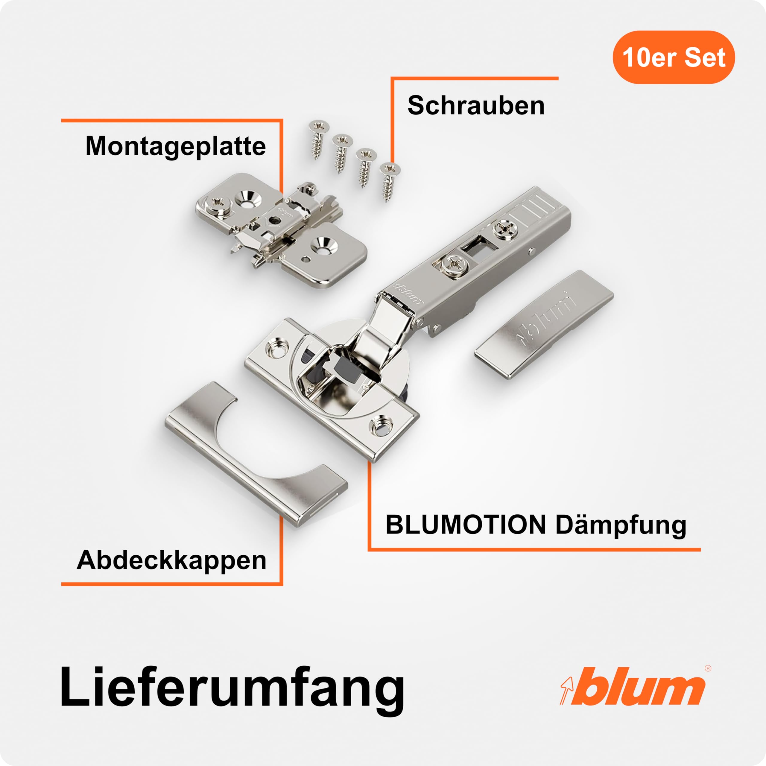 blum 10x bisagra para muebles CLIP top BLUMOTION 110° I bisagra de cazoleta Soft-close 35 mm I base en cruz CLIP montable por separado, distancia 0 mm | ajuste 3D del frente | Niquelado | angular