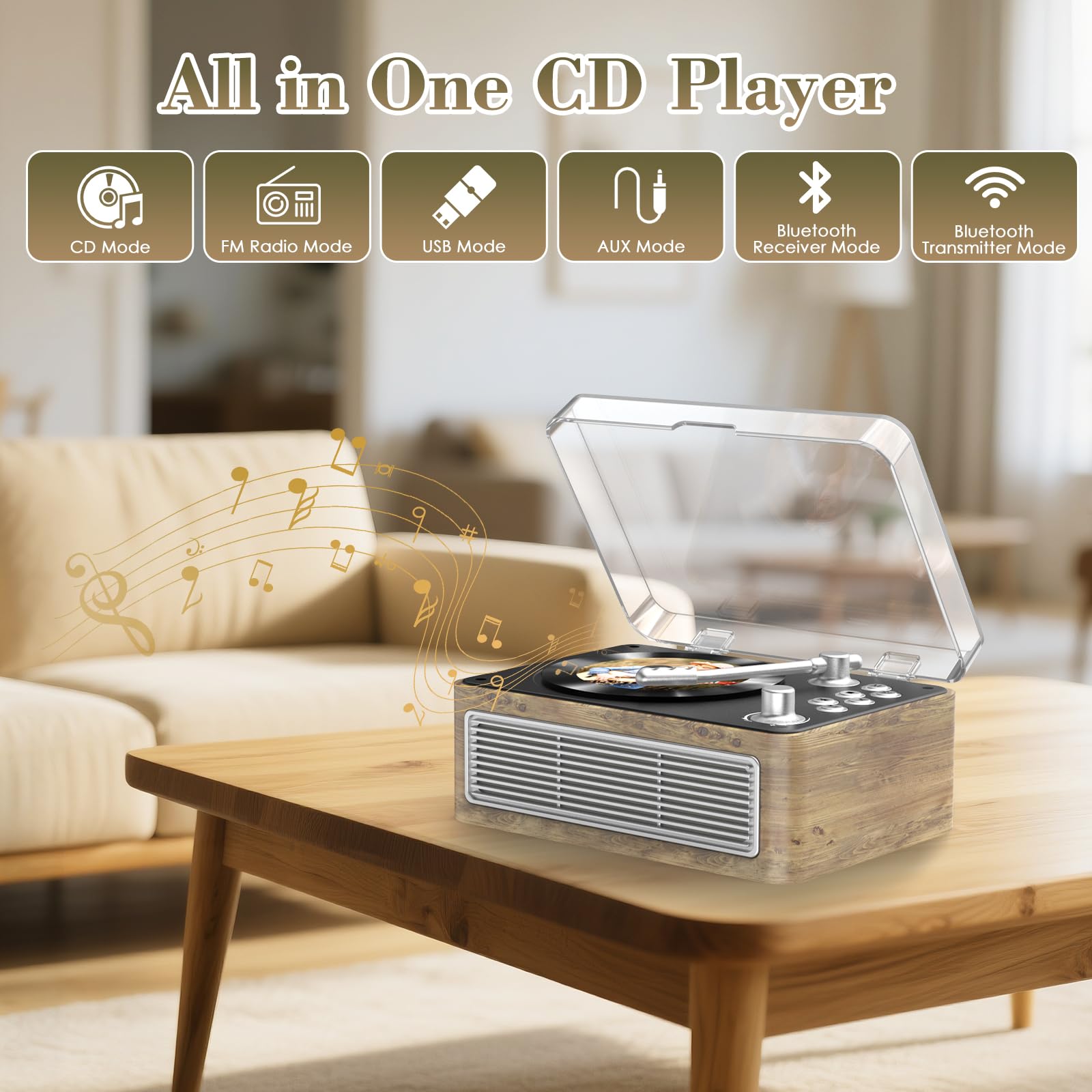 Gueray Tragbarer Bluetooth CD-Player mit Lautsprechern 3600mAh Wiederaufladbarer Vintage CD Spieler für Zuhause, Retro Eichenholz CD Players FM-Radio mit Fernbedienung, Unterstützt USB AUX Wiedergabe