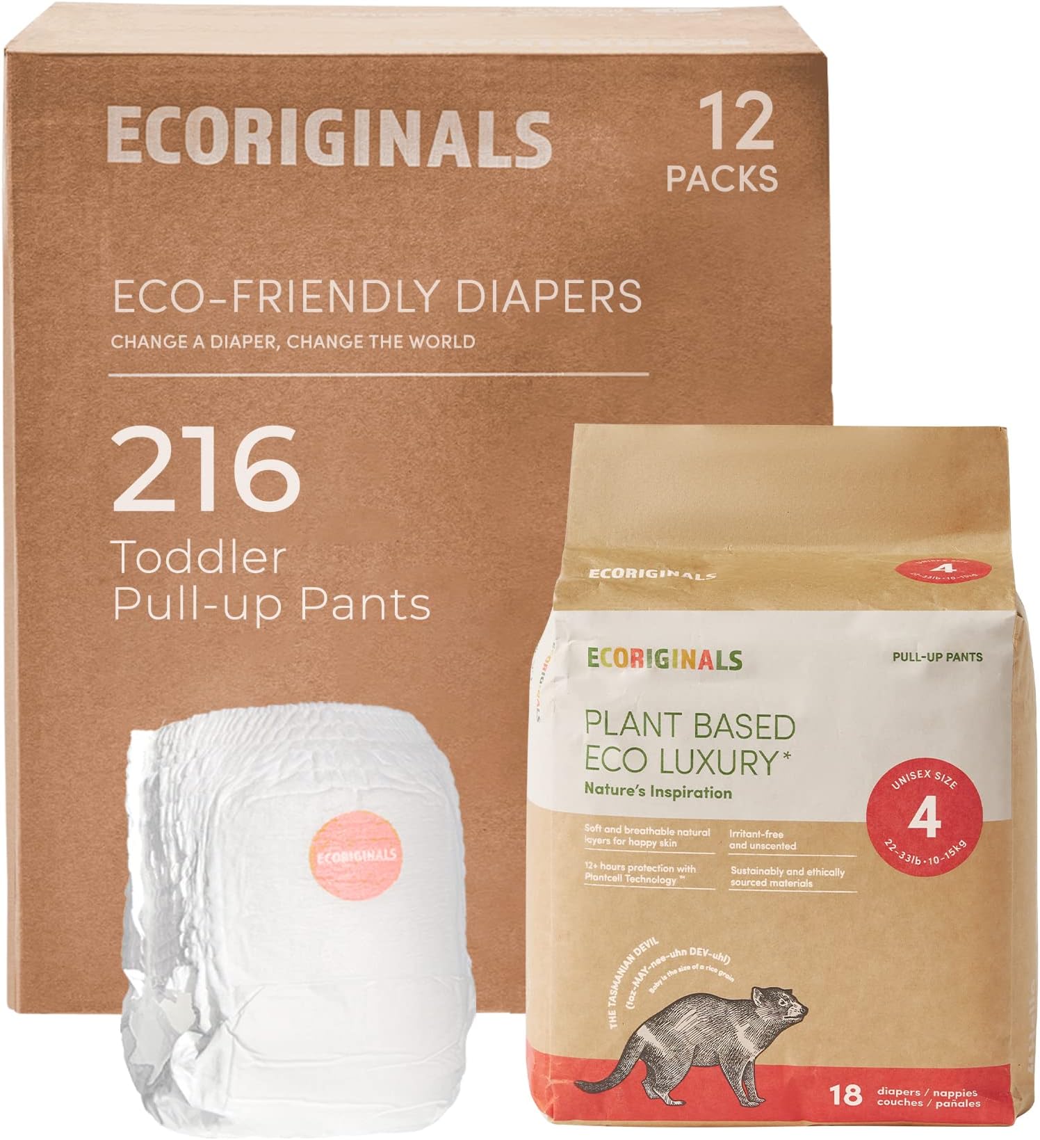 Eco Disposable Training Pants Diapers | Toddler Size 4, 22-30lbs | 12 Pack, 216 Count | Plant-Based, Non-Toxic
