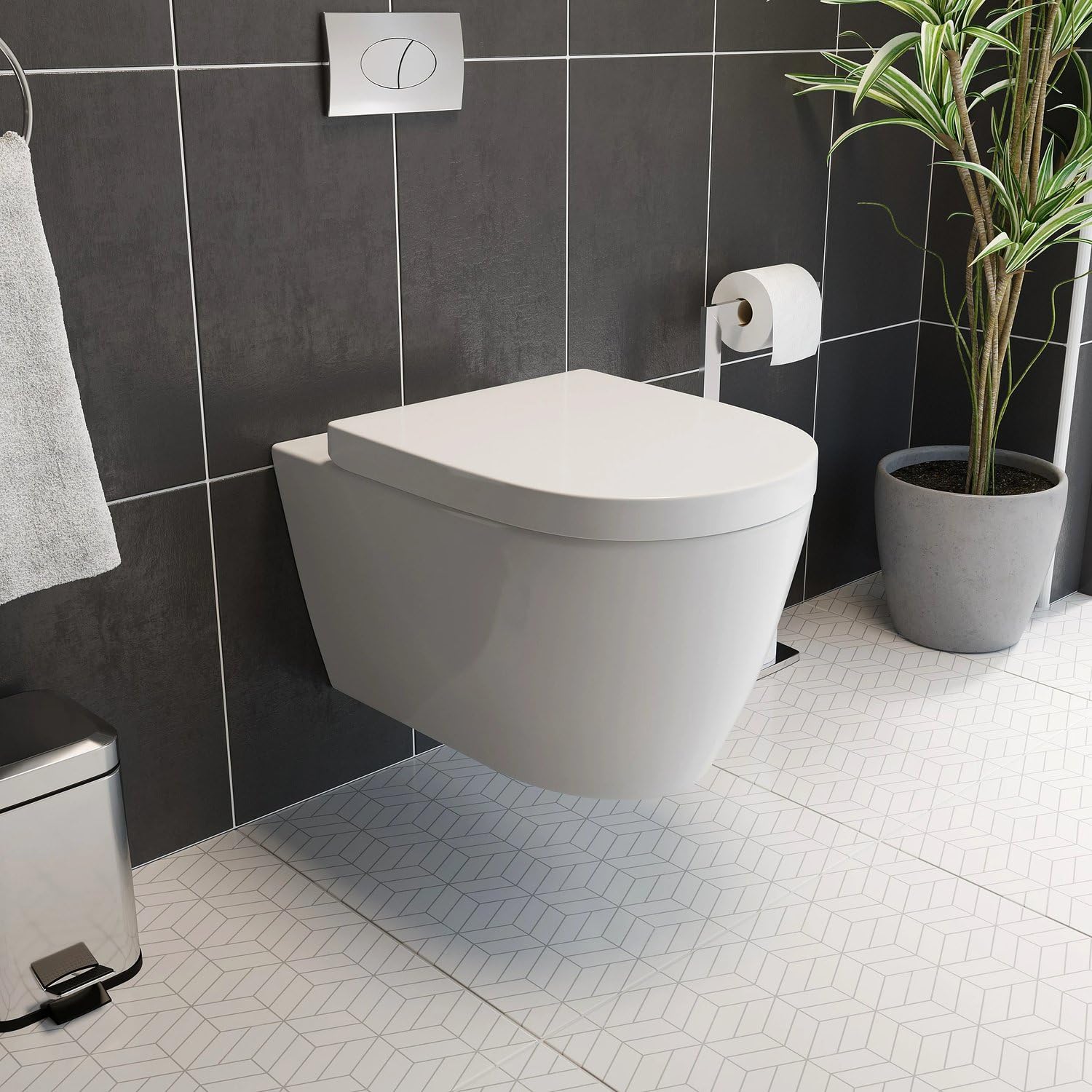 Affine® Bordeaux Modern Bathroom Cloakroom Wall Hung Rimless Toilet Space Saving WC Toilets D Shape Pan Soft Close Top Fix Seat Ceramic, Gloss White