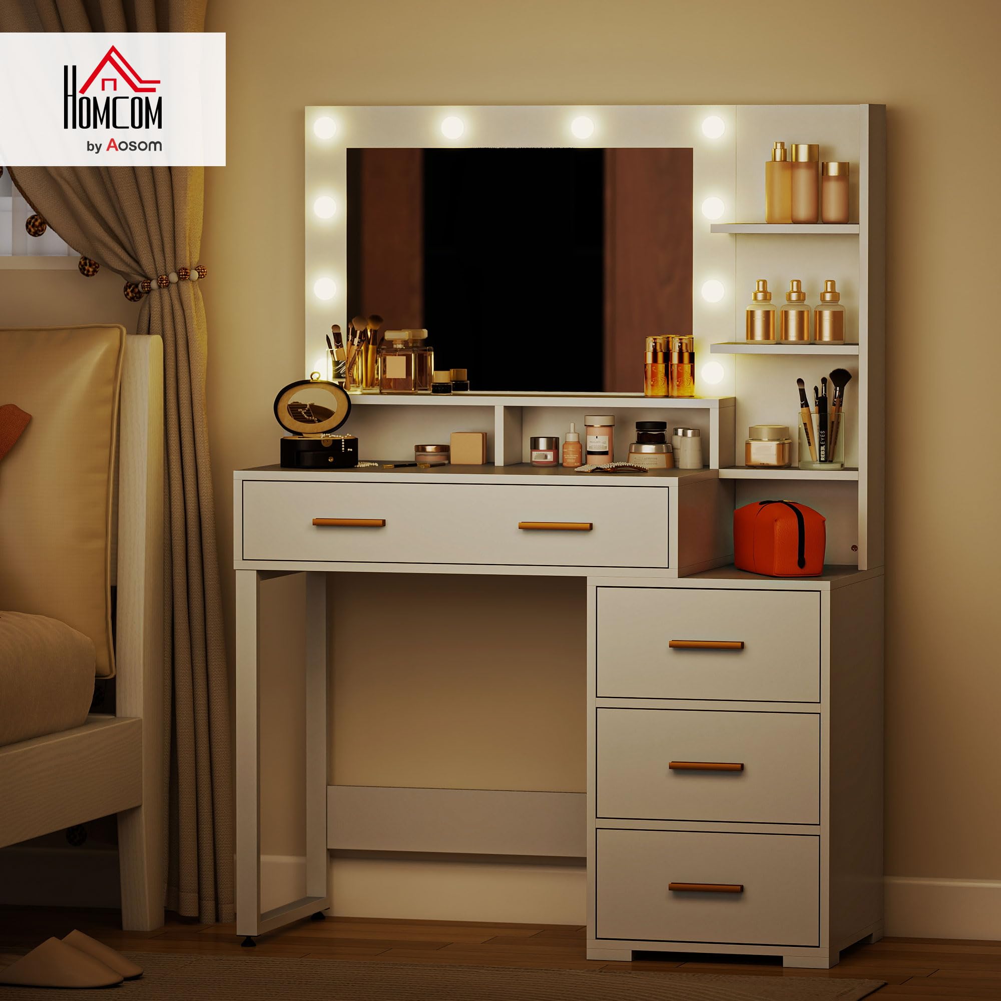 HOMCOM Postazione Trucco con Luci LED con 4 Cassetti 100x40x138 cm Bianco | Tavolo Toeletta Moderno, per Camera da Letto, 6 Ripiani Aperti, Specchio, Toeletta Trucco