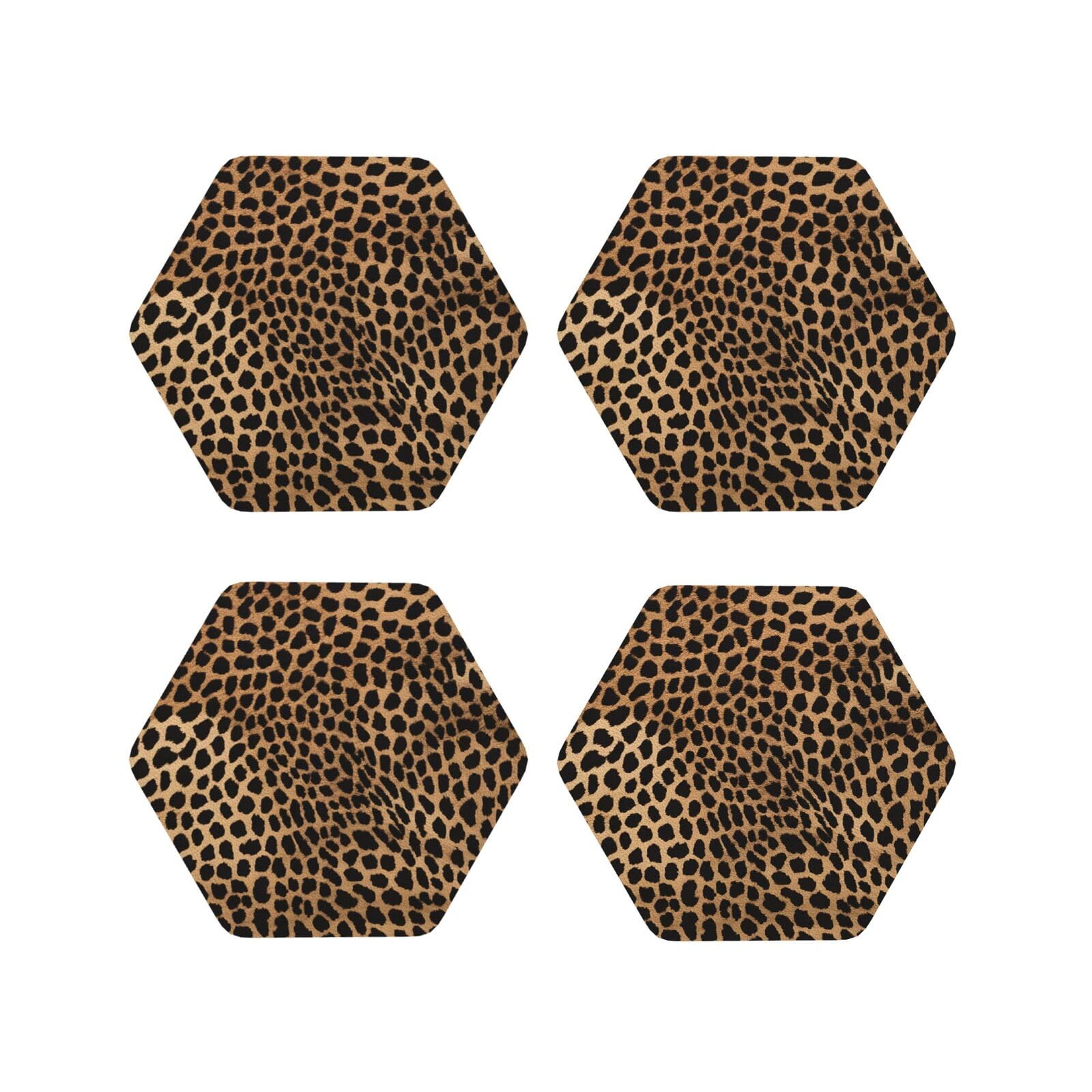 (Leopard Print) Drink Coasters Set Of 4 Non-Slip Leather Coasters For Cups Mugs Glasses Tabletop Protection For Home Office Bar