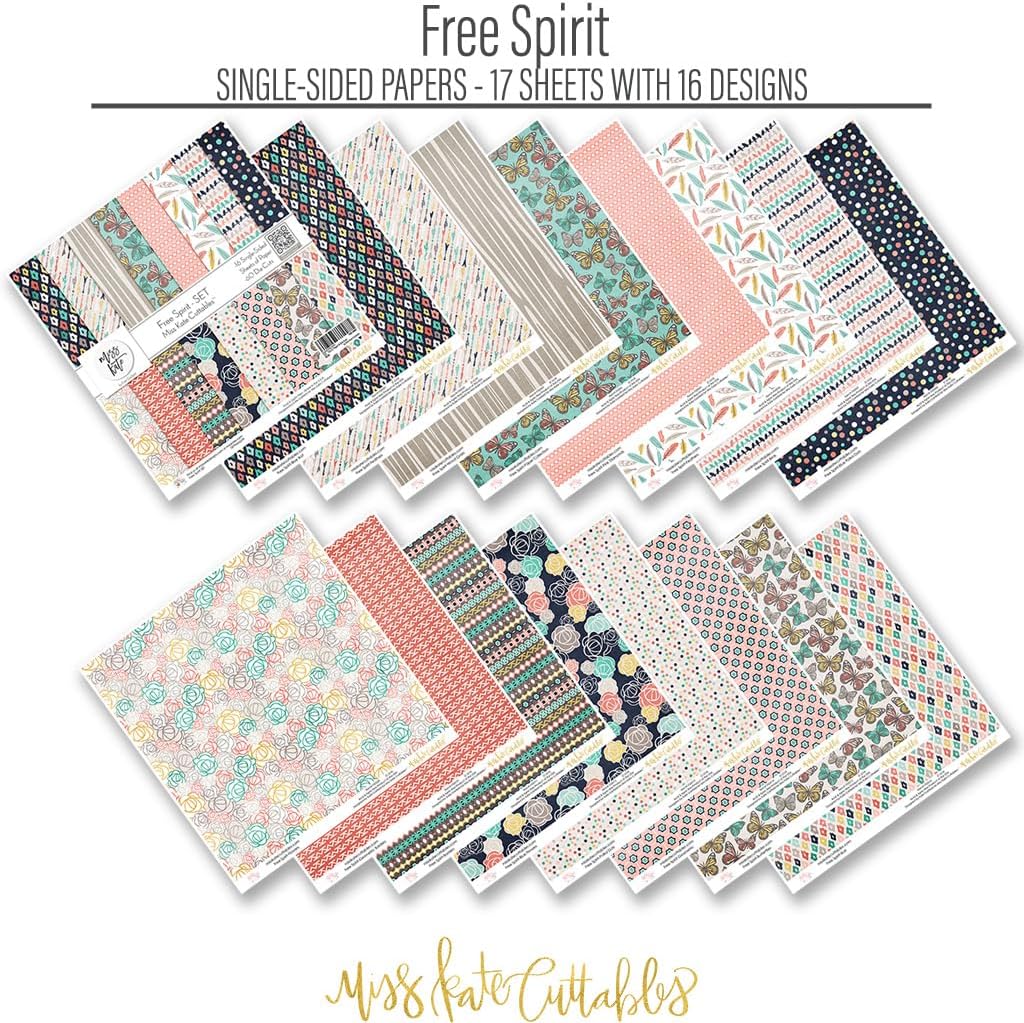 Die Cuts & Paper Set - Free Spirit - by Miss Kate Cuttables - 16 Single - Sided 12"x12" Specialty Paper Sheets & Over 60 Coordinating Die Cuts