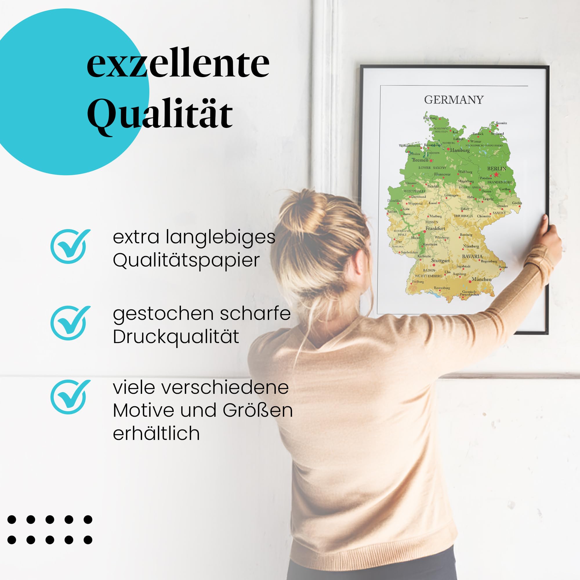 Postereck - 1189 - Deutschland Karte, Städte Englisch Bundesländer - Unterricht Klassenzimmer Schule Wandposter Fotoposter Bilder Wandbild Wandbilder - Leinwand - 100,0 cm x 75,0 cm