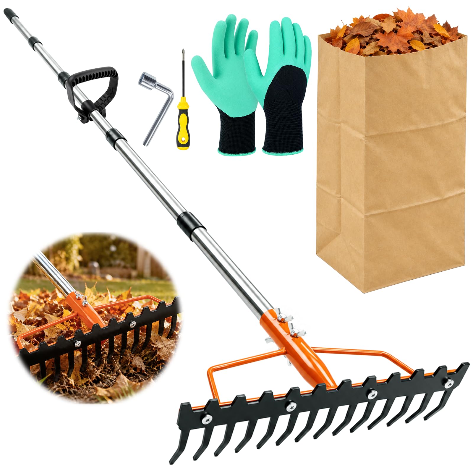 GELASKA Rastrello per foglie con borsa per foglie e guanti da giardino per