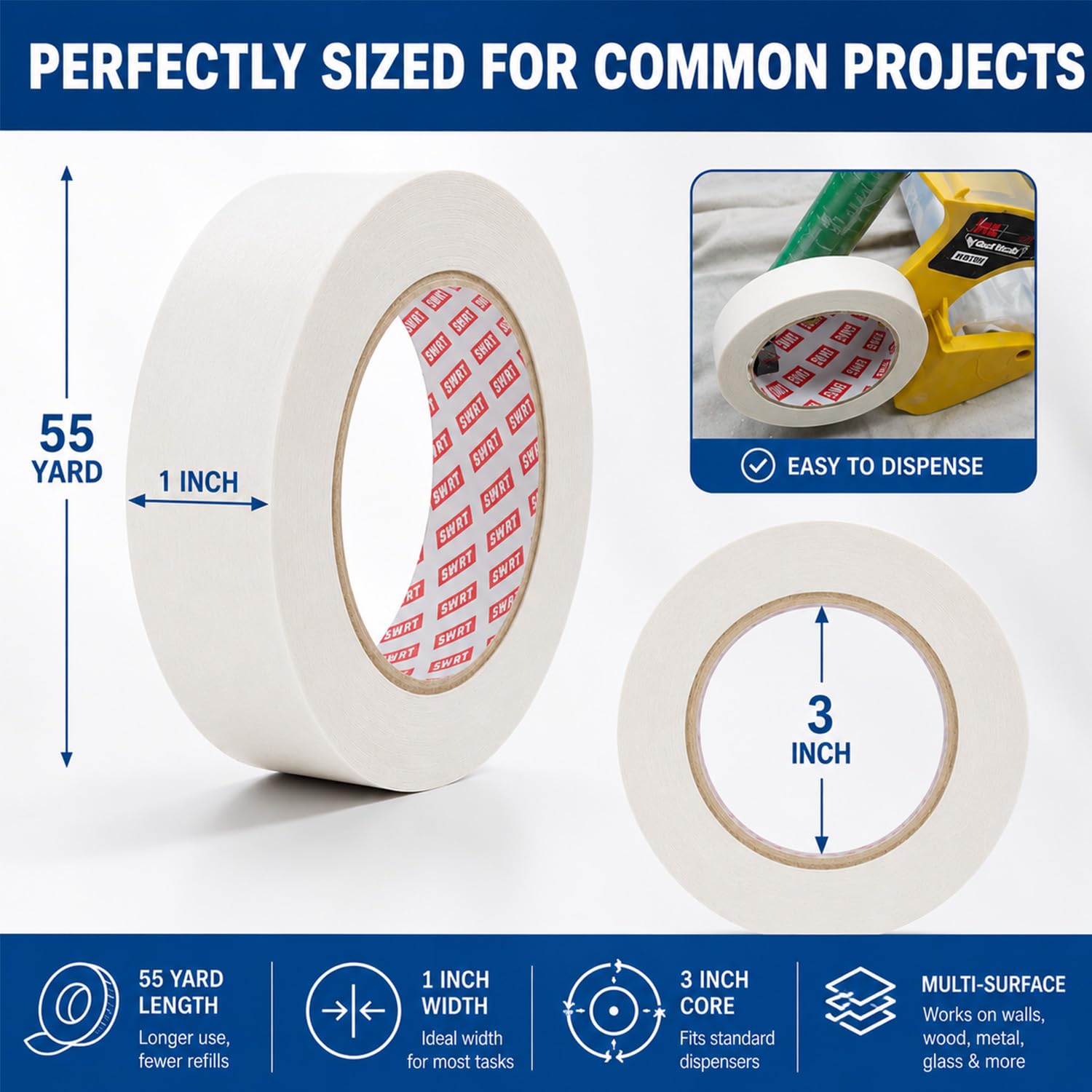 SWRT - Rollo de cinta adhesiva de 2,5 cm x 45,7 m (1300 m en total) para pintor, manualidades, papelería, arte - Beige y blanco