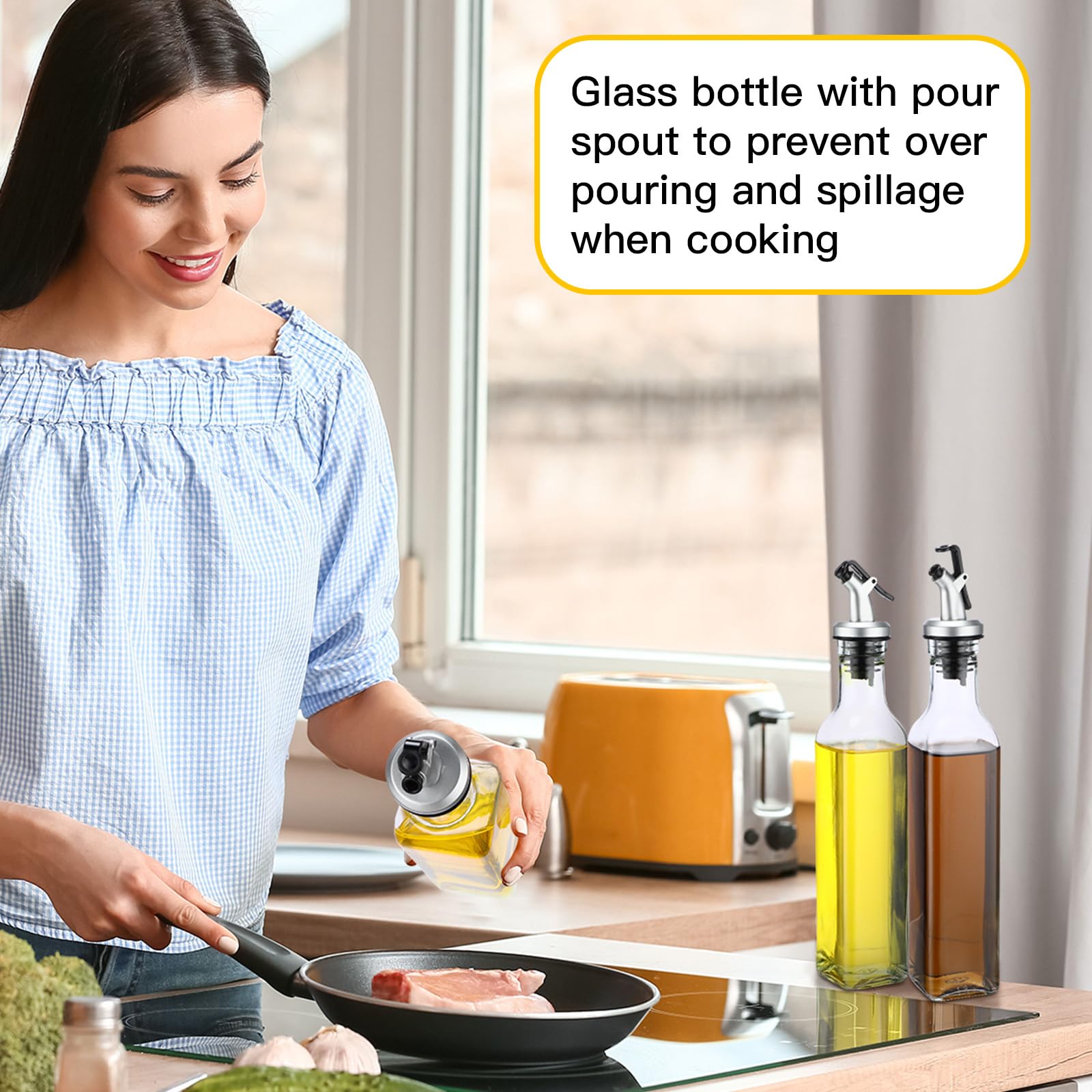 Hushee El juego de 15 botellas dispensadoras de aceite de oliva de vidrio transparente incluye 12 botellas de vidrio de 8 onzas con boquilla, recipiente de vinagre de aceite, vinagre para cocina con