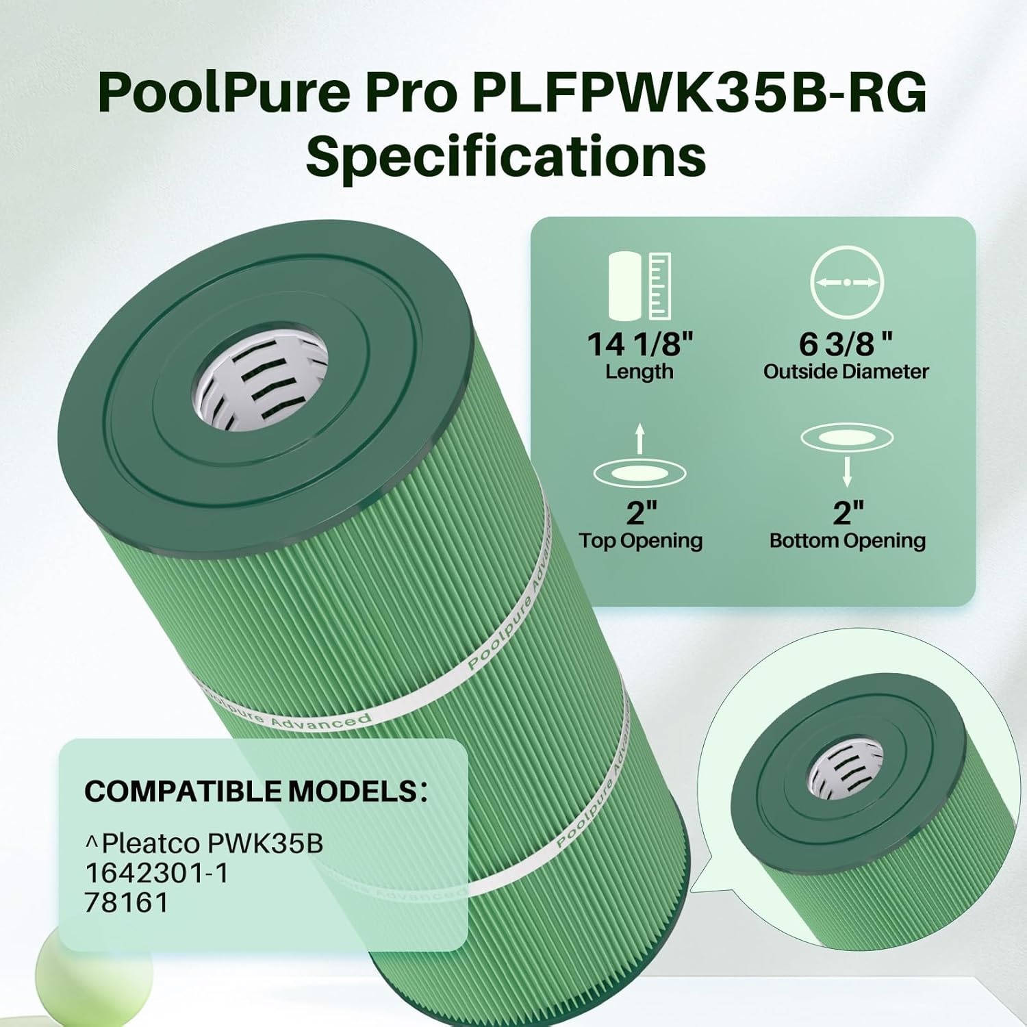 POOLPURE PWK35B Eco Hot Tub Spa Filter, 35 Sq.Ft., PLA Biodegradable Material, Replacement for Watkins 1642301-1, 78161, 78286, Pleatco PWK35B, Filbur FC-3921, SD-01386, 2-Pack