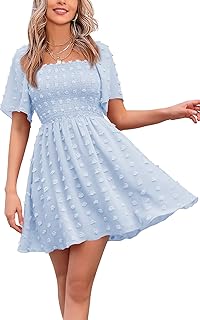 Women's 2025 Summer Casual Square Neck Dresses Ruffle Short Sleeve Swiss Dot Flowy Mini Dress - Buy now