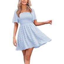 EXLURA Womens 2026 Summer Casual Dresses Short Sleeve Polka Dot Flowy Mini Dress Square Neck Ruffle Beach Graduation Dress
