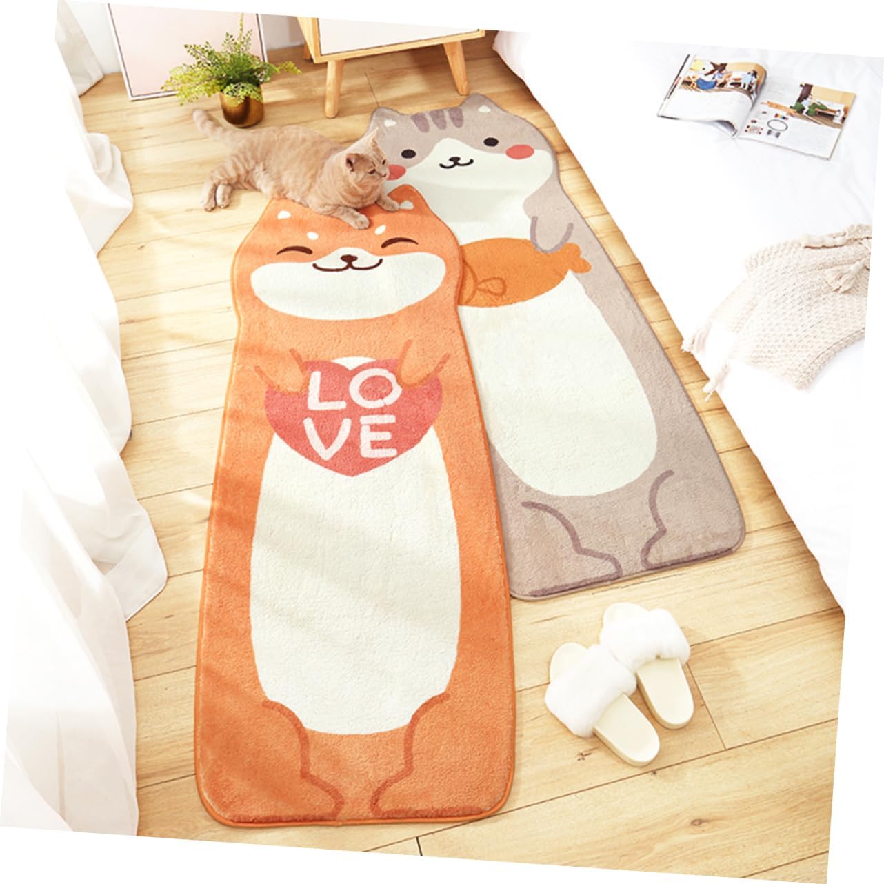 Cat Shaped Door Rug Lambswool Floor Mat Anti-Skid Water Absorbent Decorative Comfortable Light Grey