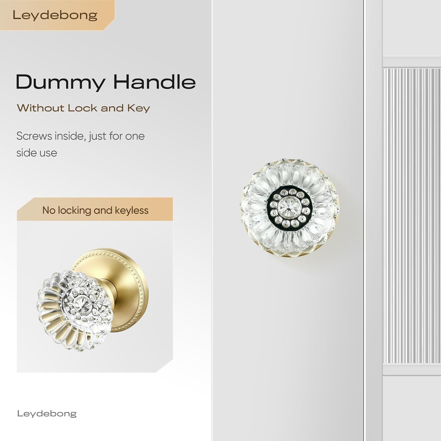 Leydebong 1 Pack Gold Door Knobs Single-Side Dummy Door Knobs, Glass Dummy Door Knobs Dummy Interior, False Door Knobs for Hallway/Closet/Pantry/Laundry/French Doors