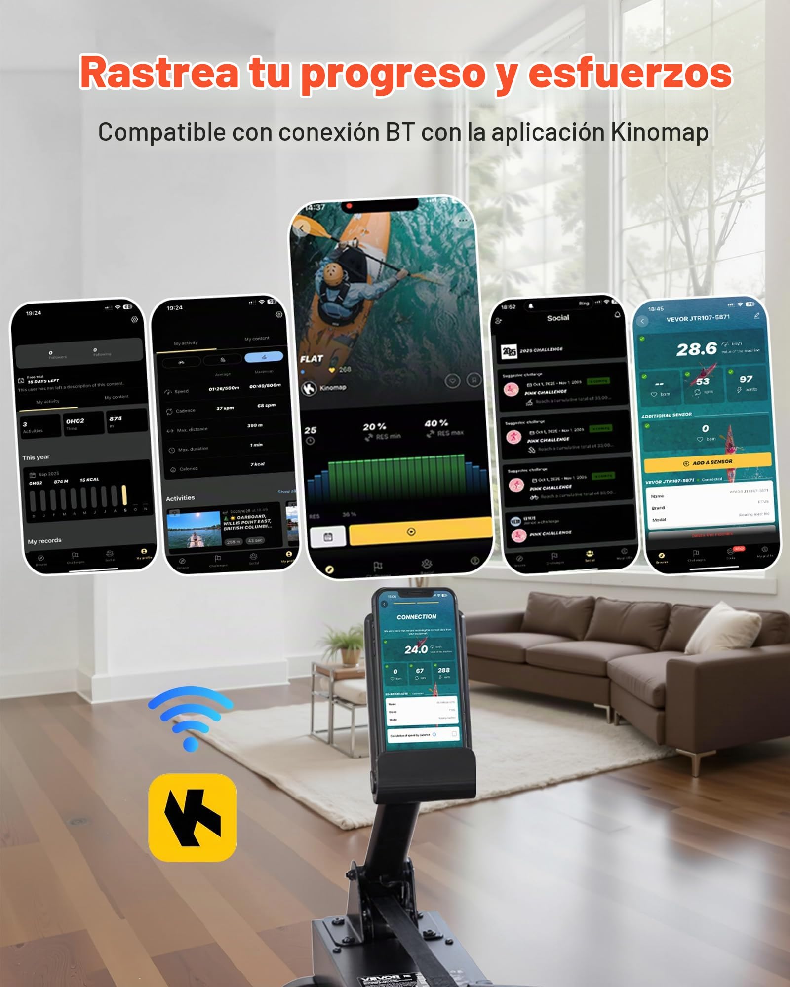 VEVOR Máquina de Remo, con 6 Niveles de Resistencia Silenciosa, Plegable, de Madera, con Tanque de Agua de 14 L y Pantalla LCD, Compatible con Aplicación Bluetooth, Capacidad de Peso de 158 kg