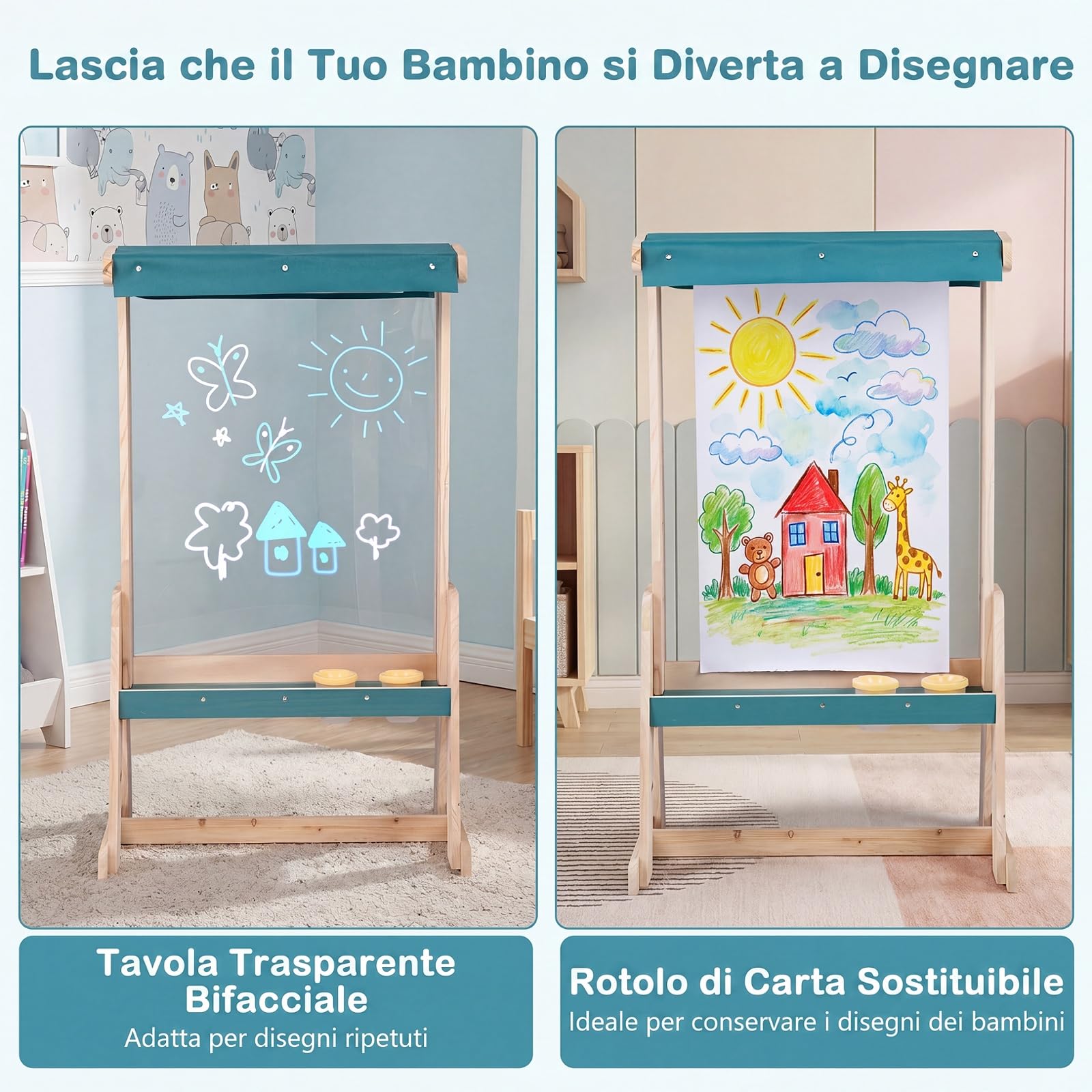 COSTWAY Cavalletto in Legn per Bambini da Esterno, 3 Anni+ | Cavalletto Pittura con Tettoia Parasole, Pannello Trasparente, Rotolo di Carta e 4 Tazze per Colori, 65 x 44,5 x 110 cm