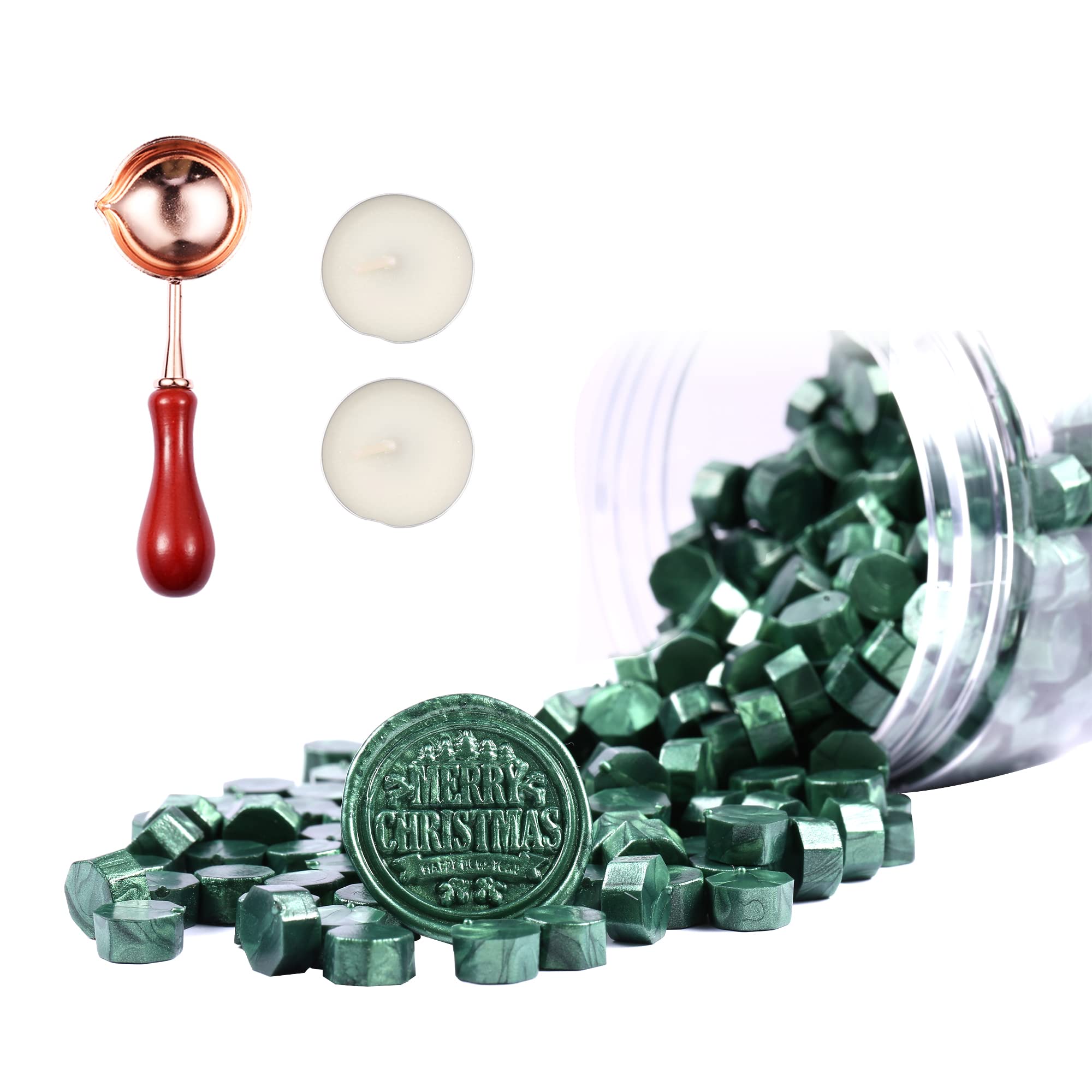 Comealltime 248-Piece Pine Green Octagonal Sealing Wax Set including 2 Tea Lights & 1 Melting Spoon, Sealing Wax Seal Stamps,Green