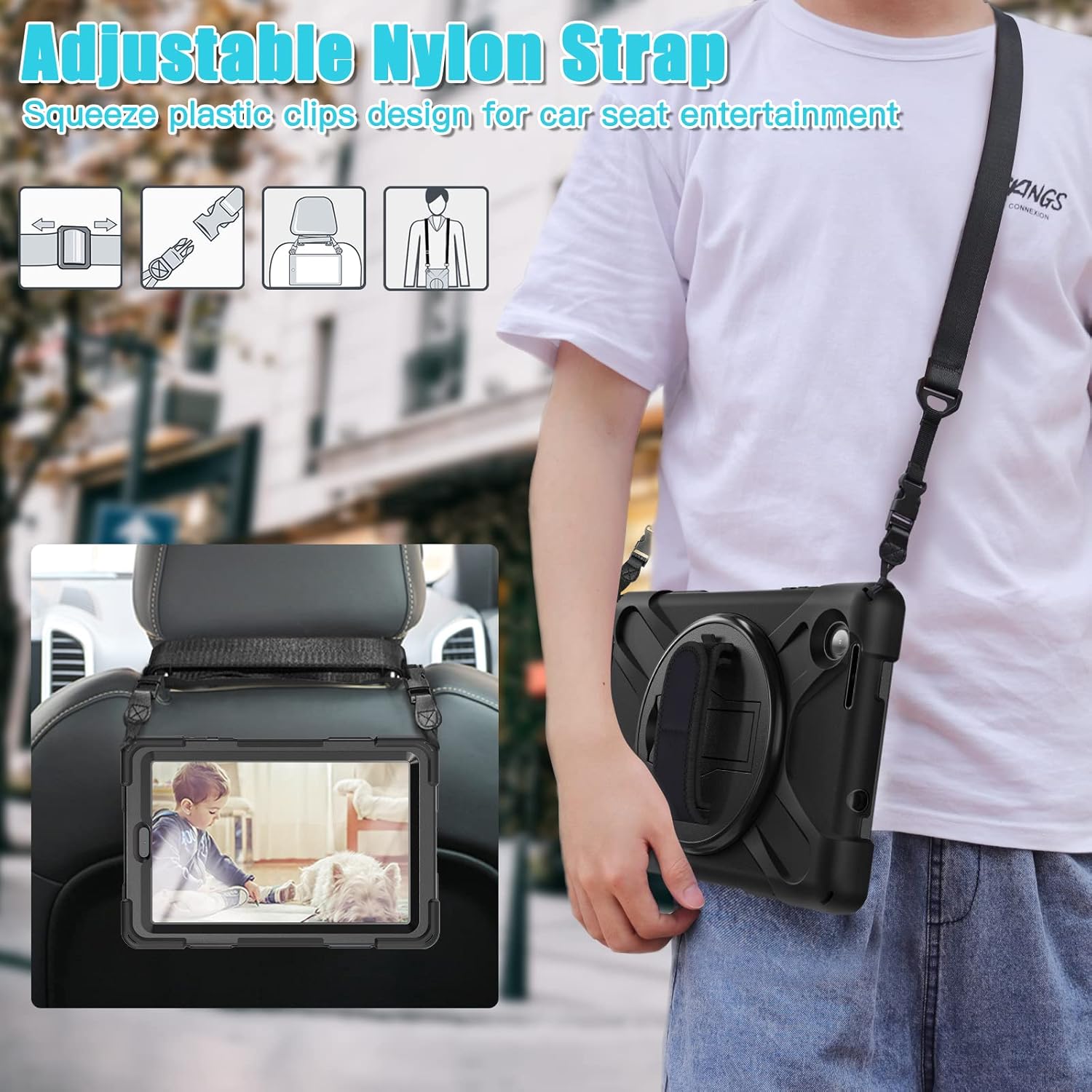 Case for Lenovo Tab M8 4th Gen, Heavy Duty Rugged Protective Cover for Lenovo M8 Gen 4 Tablet TB-300FU, Shockproof 360° Rotating Hand Strap, Stand, Pen Holder, Shoulder Strap, Kids, Black