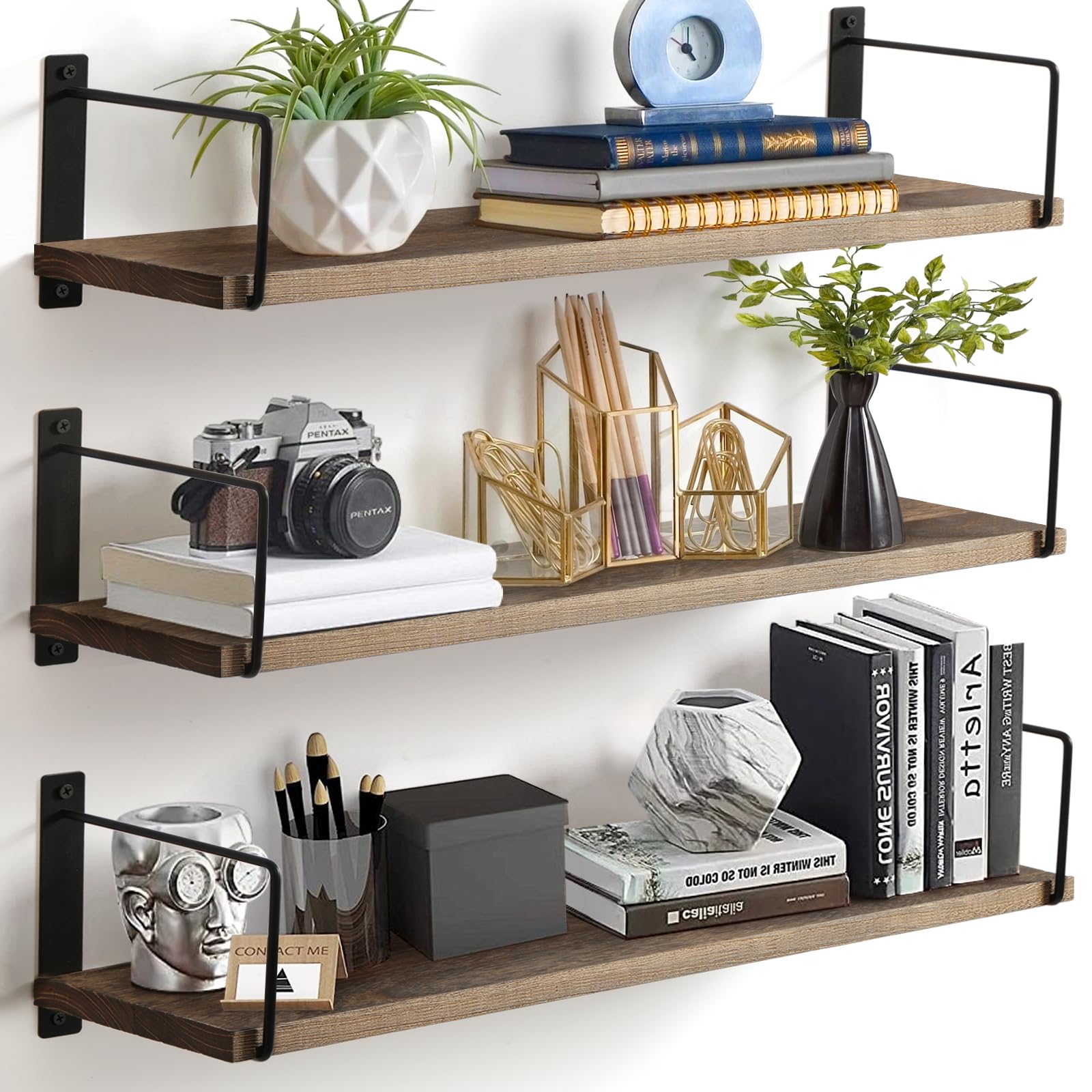 Floating Shelves Set of 3-24 Inch Rustic Wood Wall Shelves for Bedroom, Bathroom, Kitchen - Farmhouse Wall-Mounted Storage Shelves (Rustic Brown)