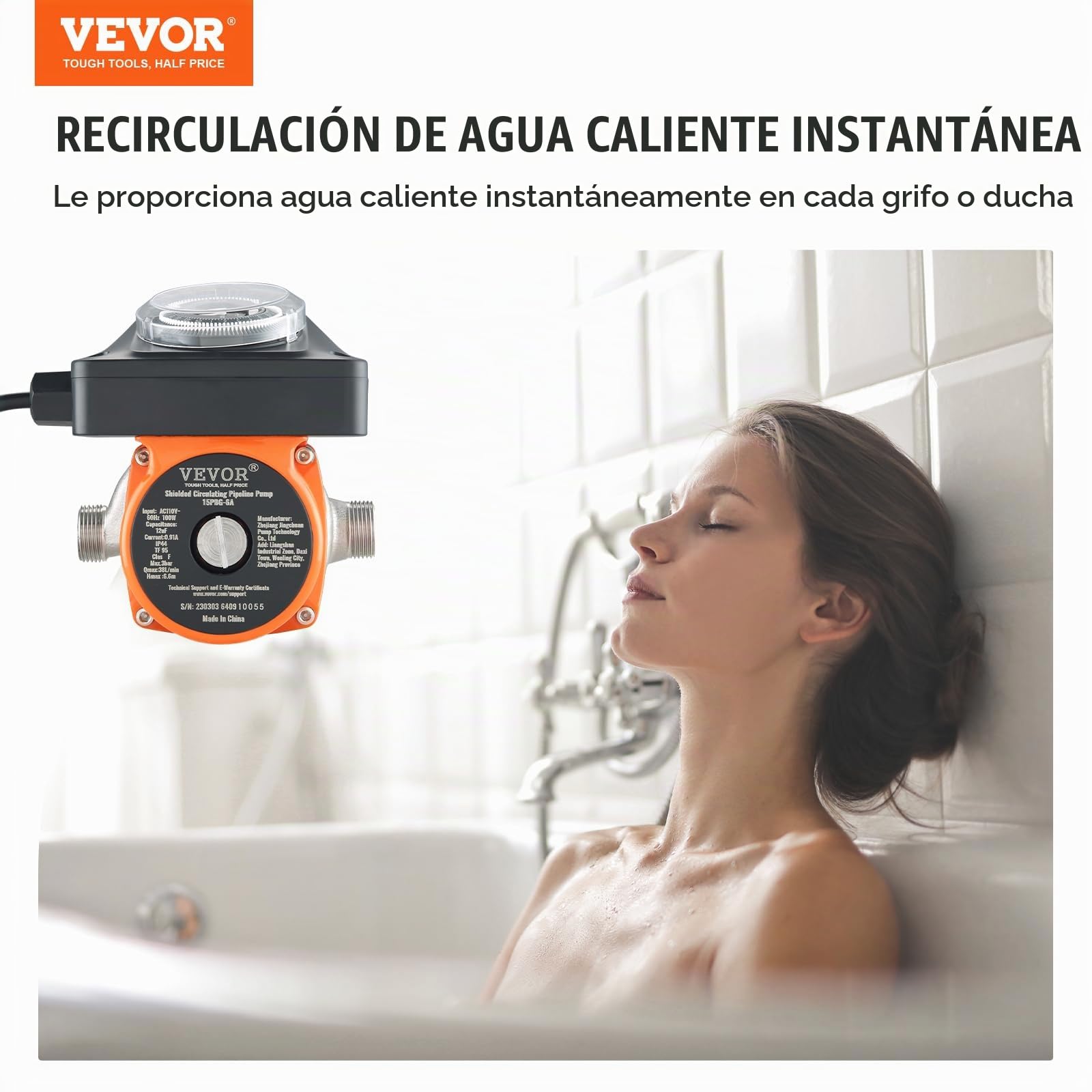 VEVOR Bomba de Circulación de Agua Caliente 100 W Bomba de Presión Circulador Auto Silenciador Acero Inoxidable Entrada Salida DN20 Adaptador DN15 para Sistema de Calentador de Agua Grifo de Ducha
