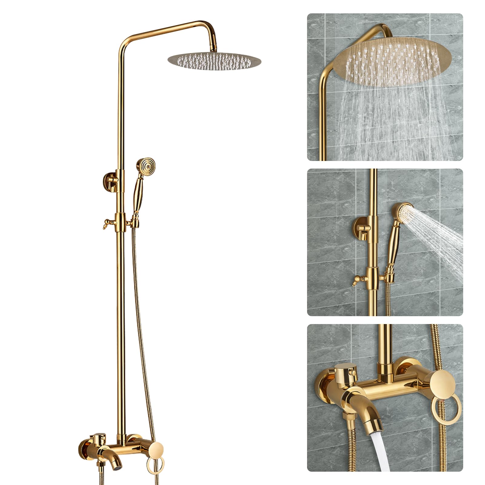 Duschsystem, 20cm Duschzubehör Duschset Handbrause aus Edelstahl Kopfbrause Wandmontage höhenverstellbar Badarmatur golden