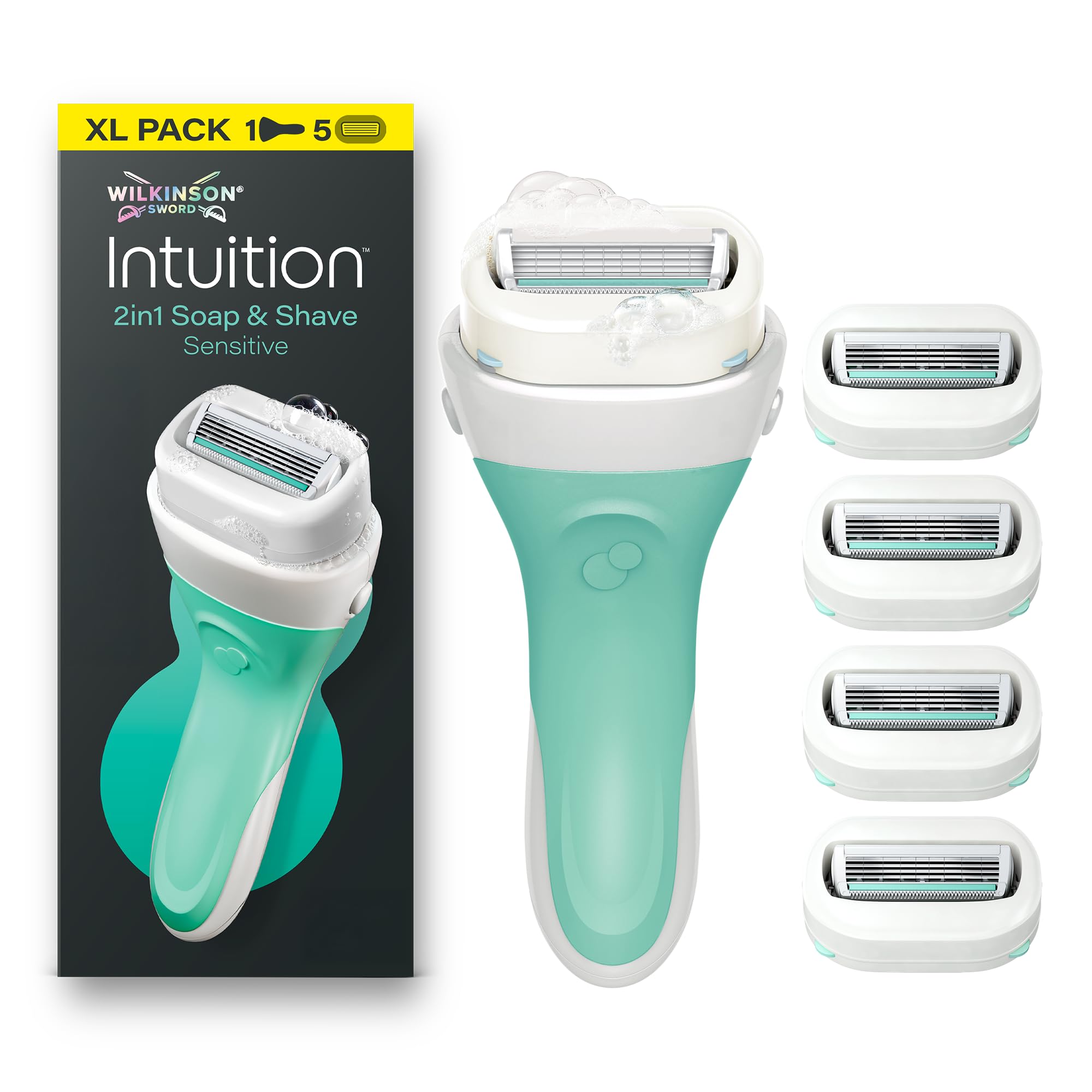 Wilkinson Sword Intuition 2in1 Soap & Shave Sensitive Skin Razors for Women, XL Pack, Women's Razor Handle Plus 5 Blade Refills
