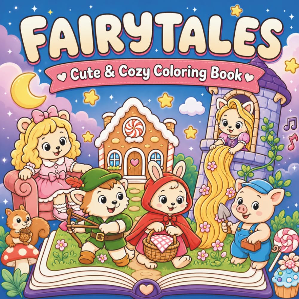 Fairytales Cute & Cozy Coloring Book: 47 Whimsical Coloring Pages From 14 Classic Stories | For Kids & Adults (Cozy Friends)