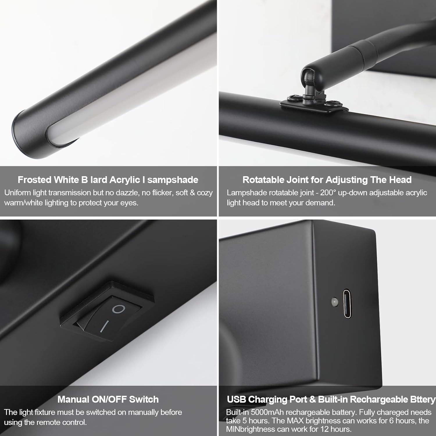 Picture Light for Wall Battery Operated, 20" Rechargeable Art Light with Remote and Timer for Painting, 9000mAh Wireless Wall Light for Display, Artwork, Portrait, Gallery, Black