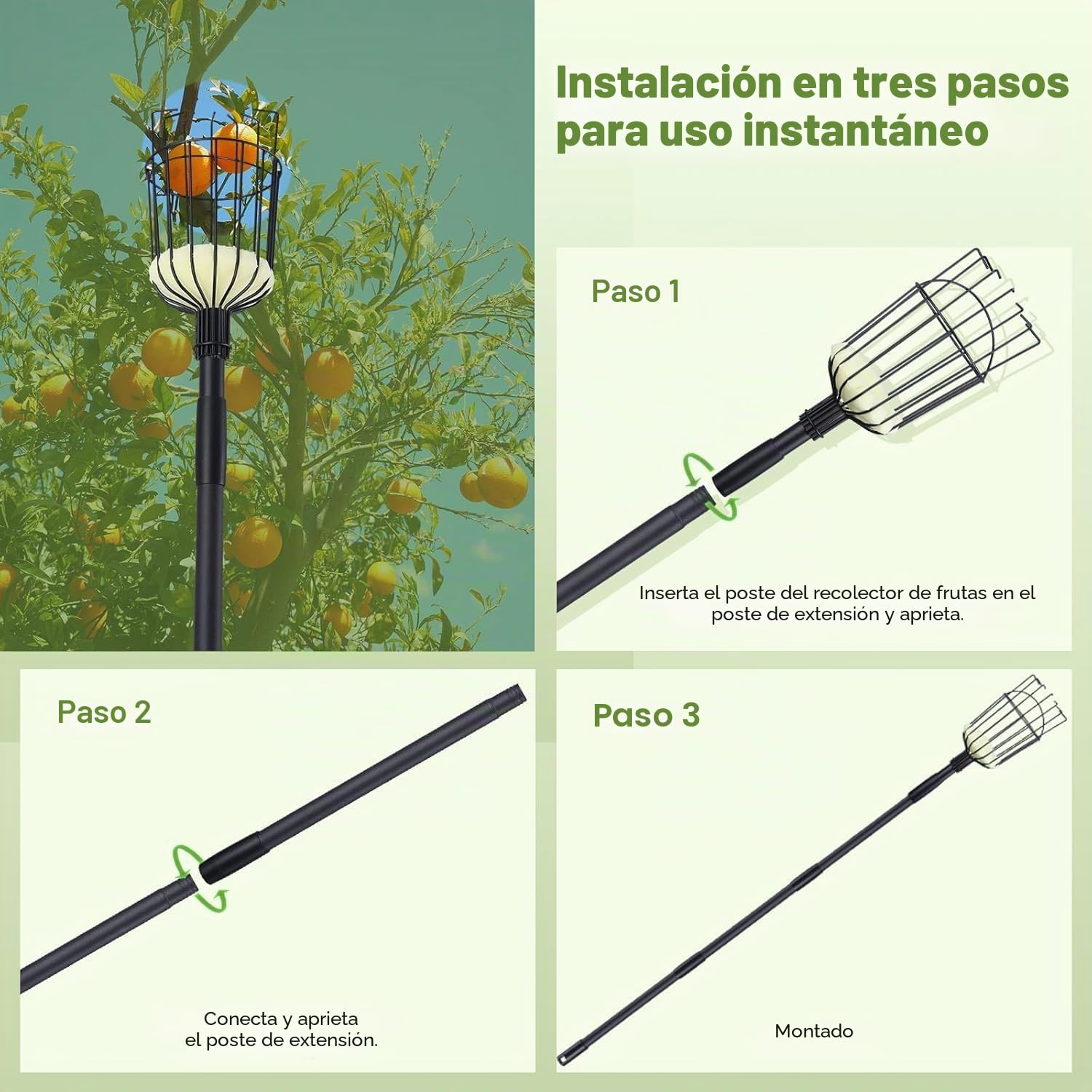 Recogedor de Frutas Ajustable de 115cm a 329cm, Recolector de Frutas, Palo para Recoger Manzanas, Duraznos,Peras