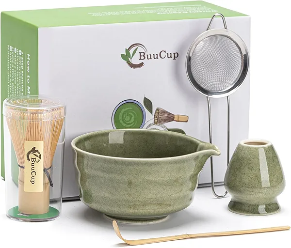 Buucup Matcha Set, Matcha Bowl with Spout, Matcha Whisk and Holder, Bamboo matcha Scoop and Stainless Sifter - 5 Pcs Jade Green Matcha Set Kit for Matcha Lover