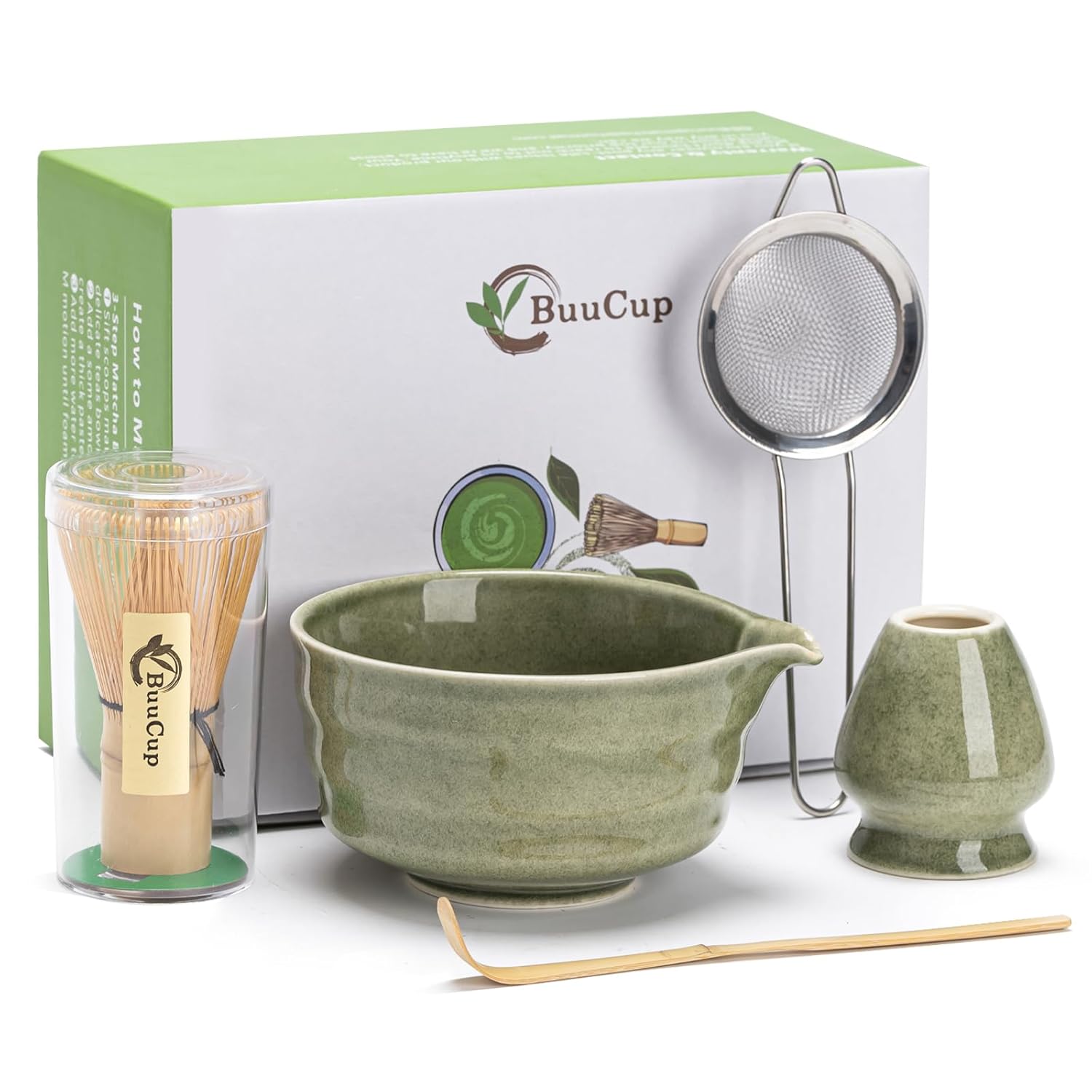 Buucup Matcha Set Matcha Bowl with Spout Matcha Whisk and Holder Bamboo matcha Scoop and Stainless Sifter -