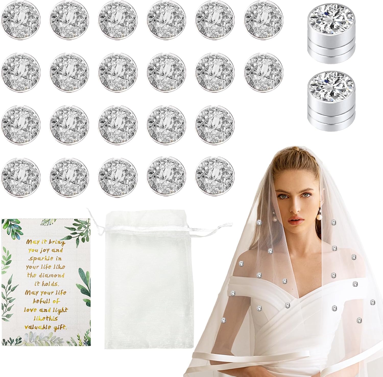 Bridal Veil Weights Wedding Magnetic Diamond Set — Shiny Rhinestone Dress Weights with Organza Storage Bag and Wedding Blessing Card for Bridal Veil, Girls Daily Accessories