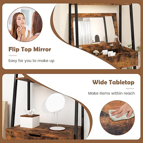Miniatura 4 de CHARMAID Juego de escritorio de tocador de escalera  Mesa de tocador de maquillaje con espejo abatible, taburete acolchado, 4 compartimentos de