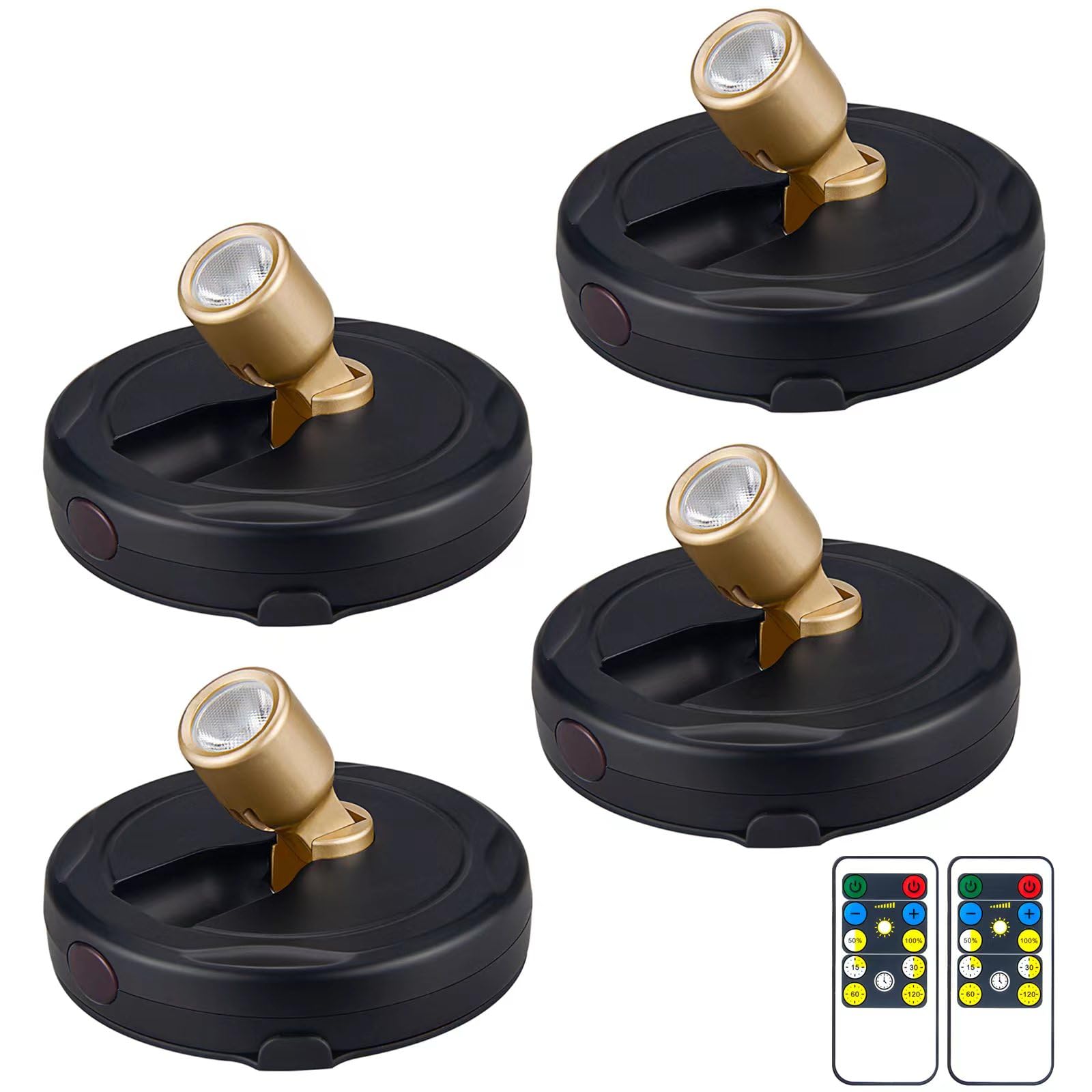 Battery Powered LED Spotlight, Wall Picture Light, Indoor Uplighting, Puck Lights with Remote, Picture Frame Lights, Display Light for Paintings Dartboard Portrait Artwork-4PCS