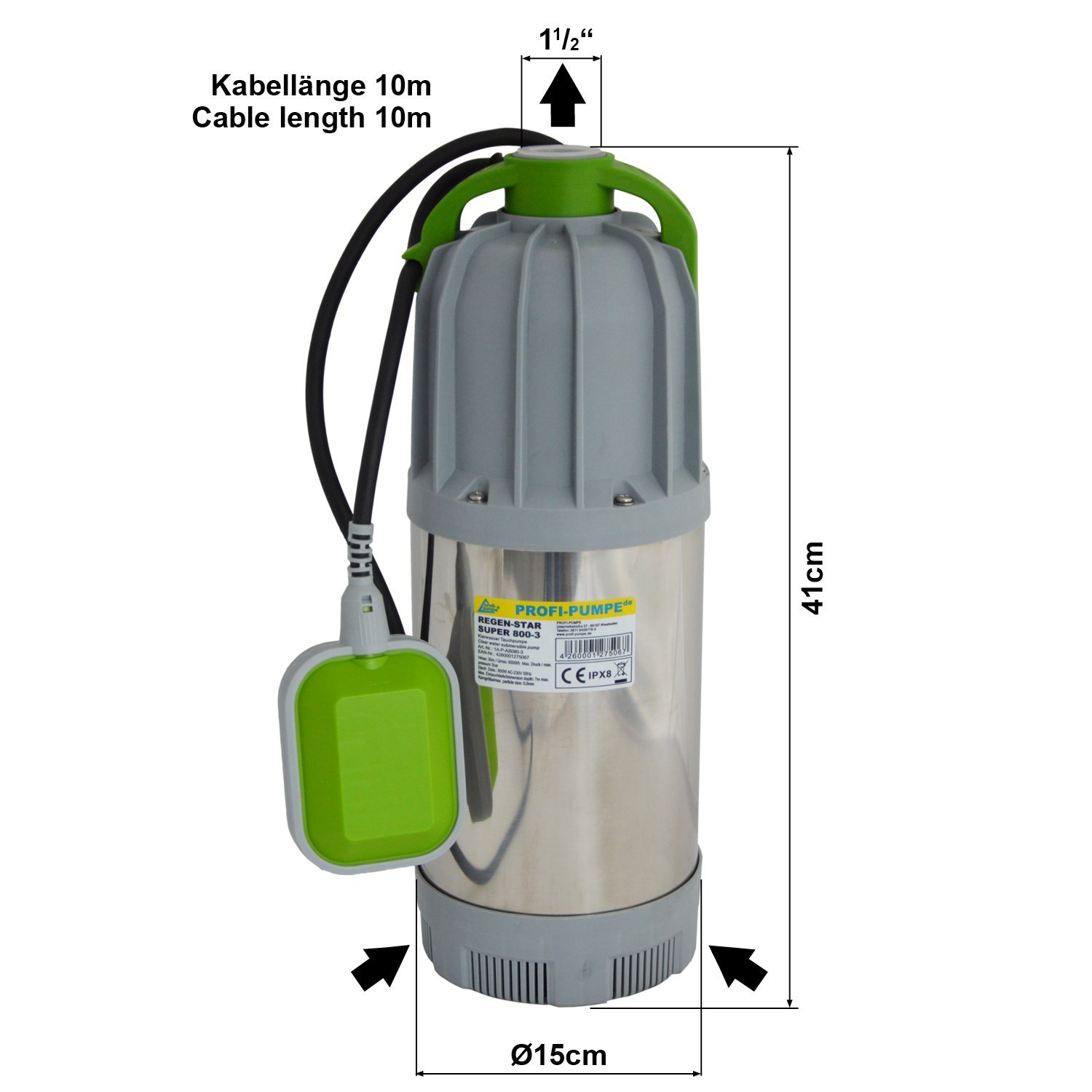 Profi-Pumpe® Regen-Star Super 800-3 | Bomba Sumergible de Alta Presión 3 Bar | Bomba de Agua para Lluvia y Riego con Interruptor de Flotador | Caudal 6.500 l/h | Ideal para Aspersores y Cisternas