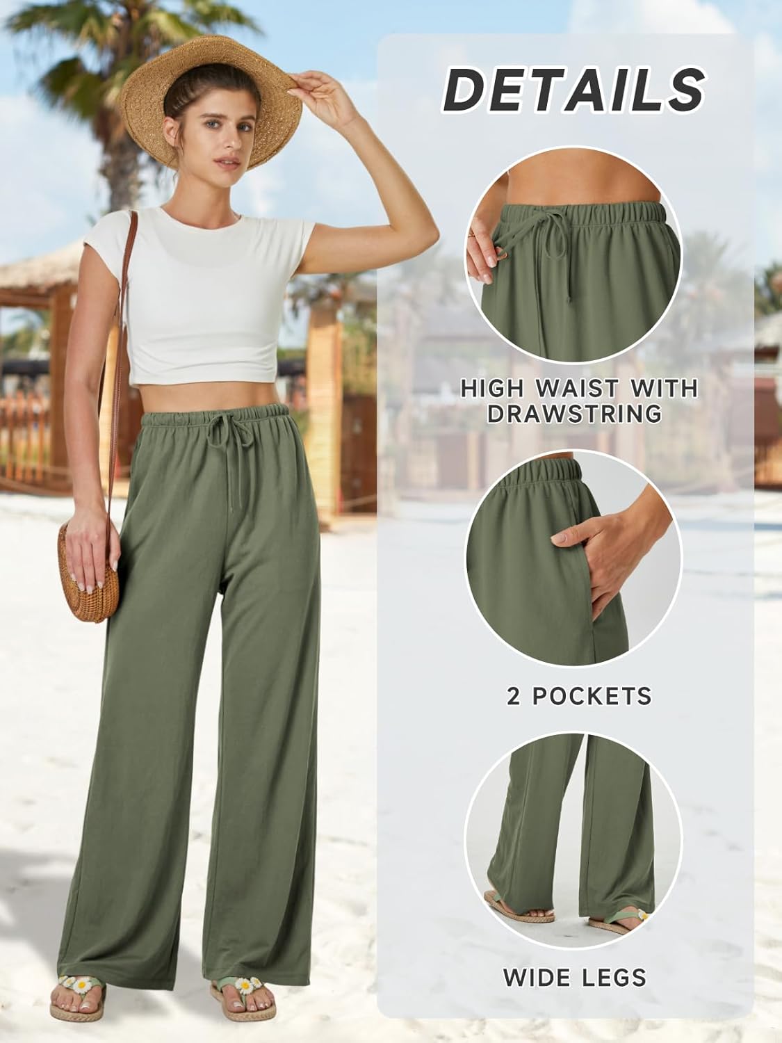 keriffe Summer Outfits Flowy Palazzo Pants for Women High Waisted Wide Leg Beach Casual Vacation Pants Trousers Pockets - Image 5
