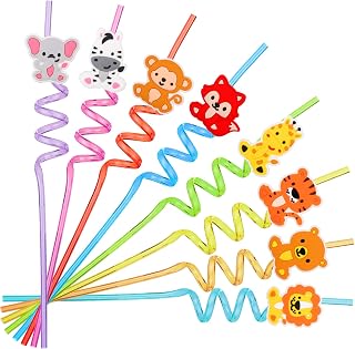 24 Pieces Jungle Animal Plastic Straws Reusable Drinking Straws Jungle Safari Straws Woodland Party Favor Kids Cute Straws with 2 Cleaning Brushes for Baby Shower Birthday Party Supplies, 8 Styles