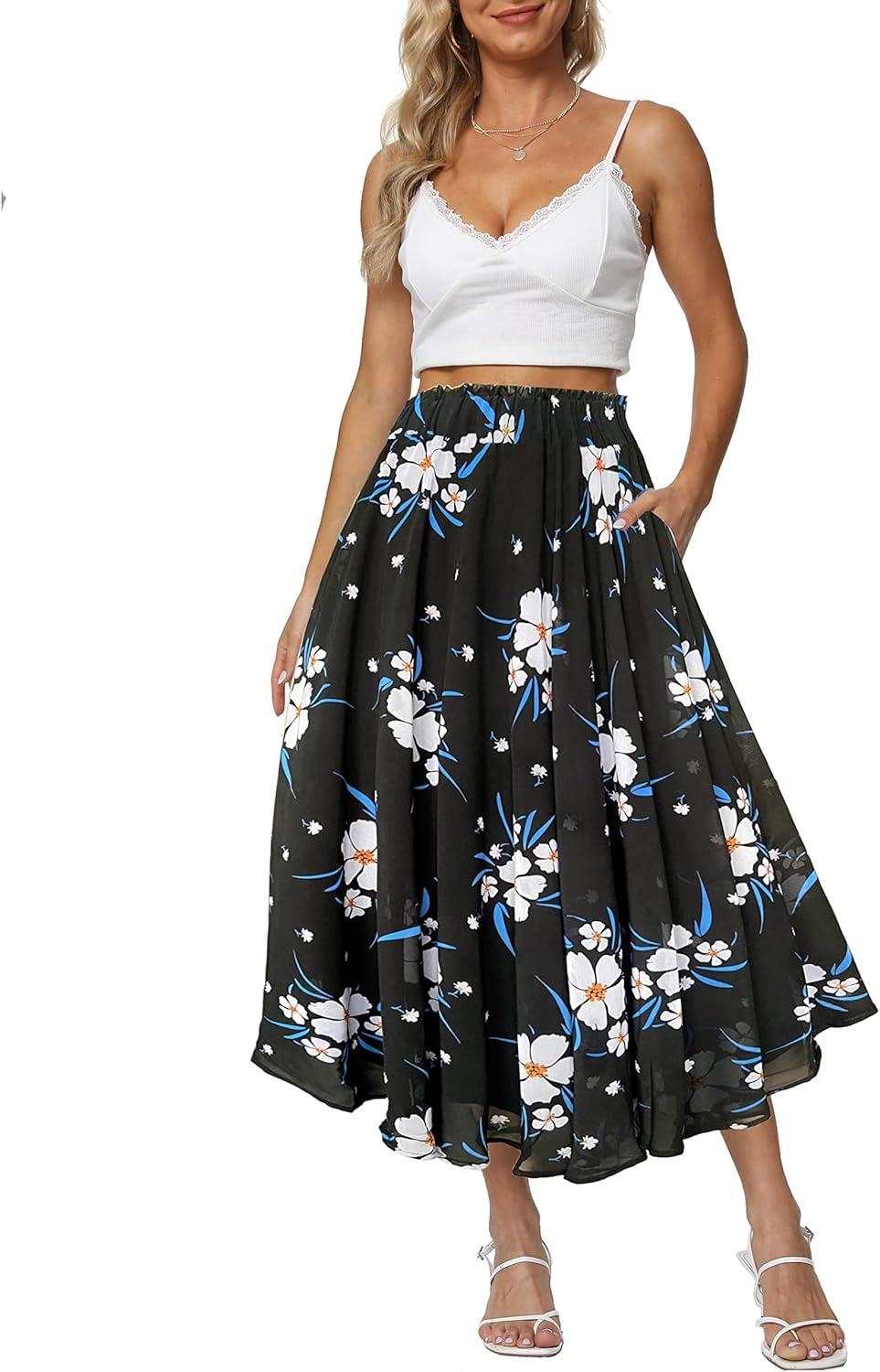 Sinono Women Elastic High Waist A Line Floral Print Swing Chiffon Beach Midi Long Skirt with Pockets - Image 3