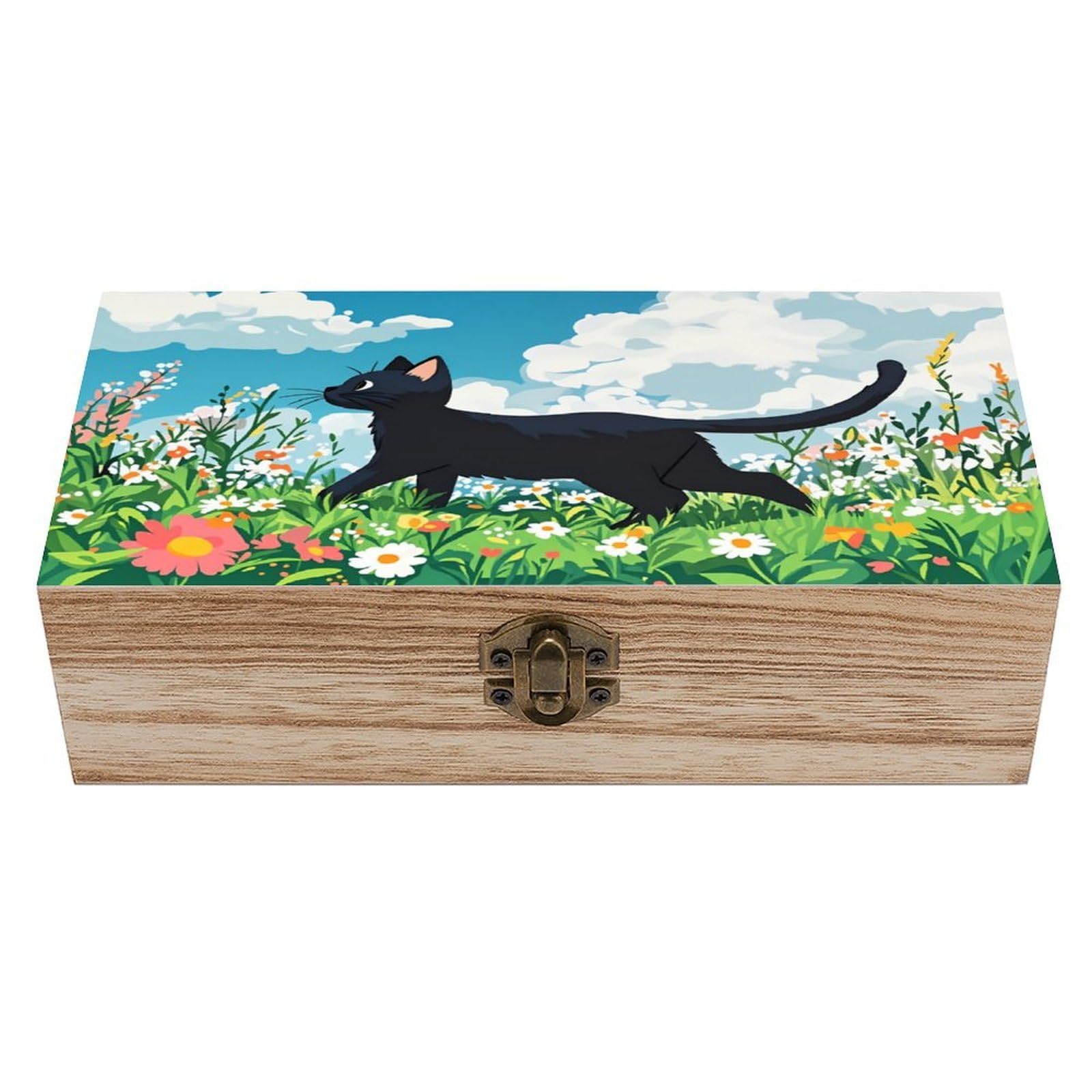 asbwuo Sunny Day Black Cat Vintage Wooden Keepsake Box