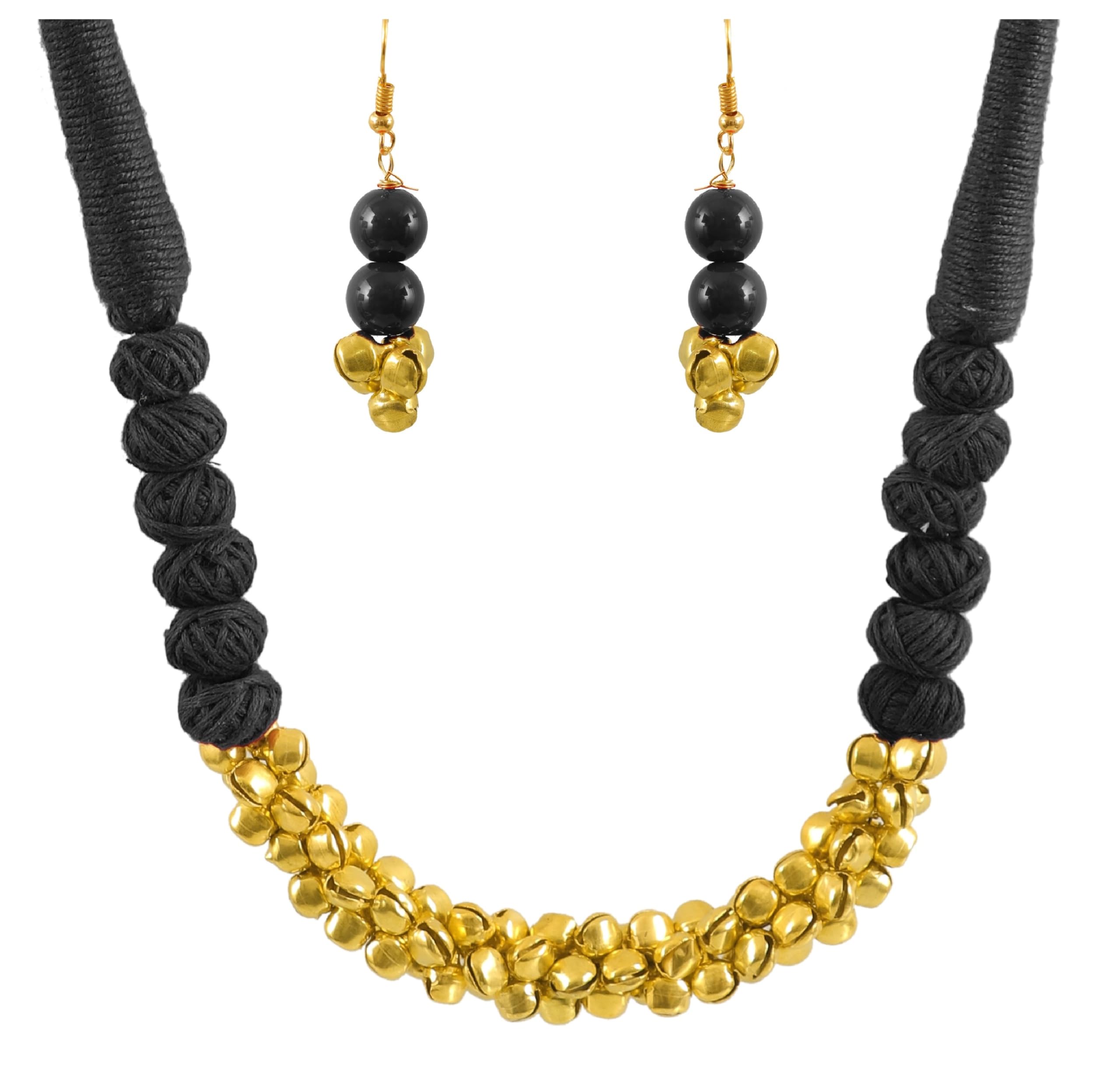 Ghungroo Style Handmade Oxidised Gold Polish Thread Fusion Ethnic Traditional Choker Thread Necklace Earrings Jewelry Women (black) (B0CRYXBQ51) Amazon Price History, Amazon Price Tracker