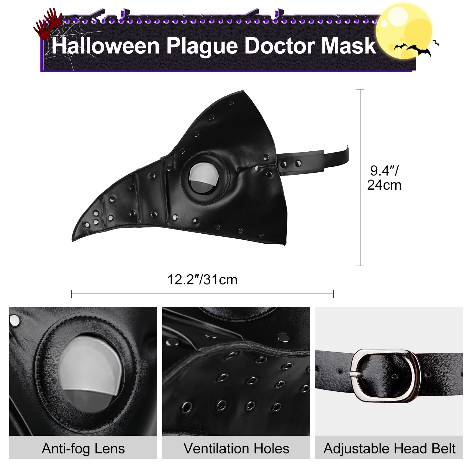 Lifreer Plague Doctor Mask Halloween Plague Costume Accessories Steampunk Long Nose Bird Beak, Black B - Image 4